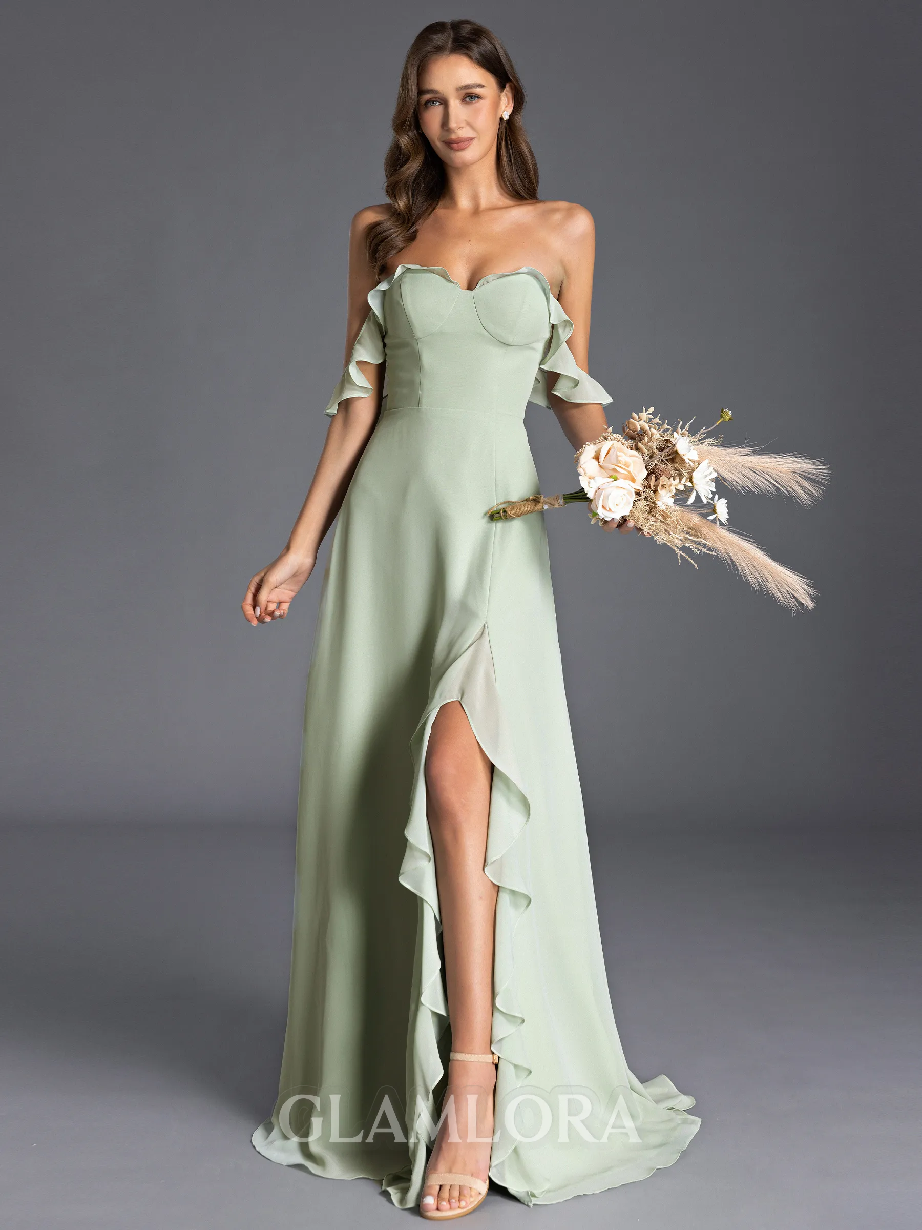 Perfect A-line Off-the-Shoulder Ruffles Floor-Length Chiffon Bridesmaid Dress