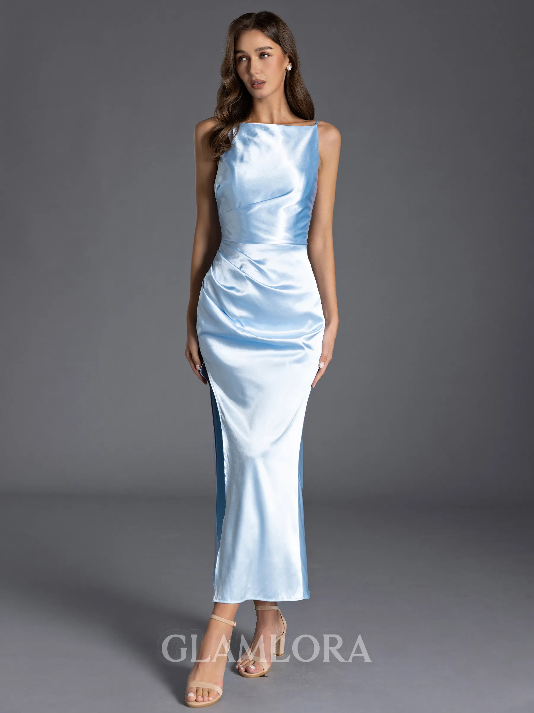 Unique Sheath Halter Pleated Ankle-Length Silk like Satin Bridesmaid Dress