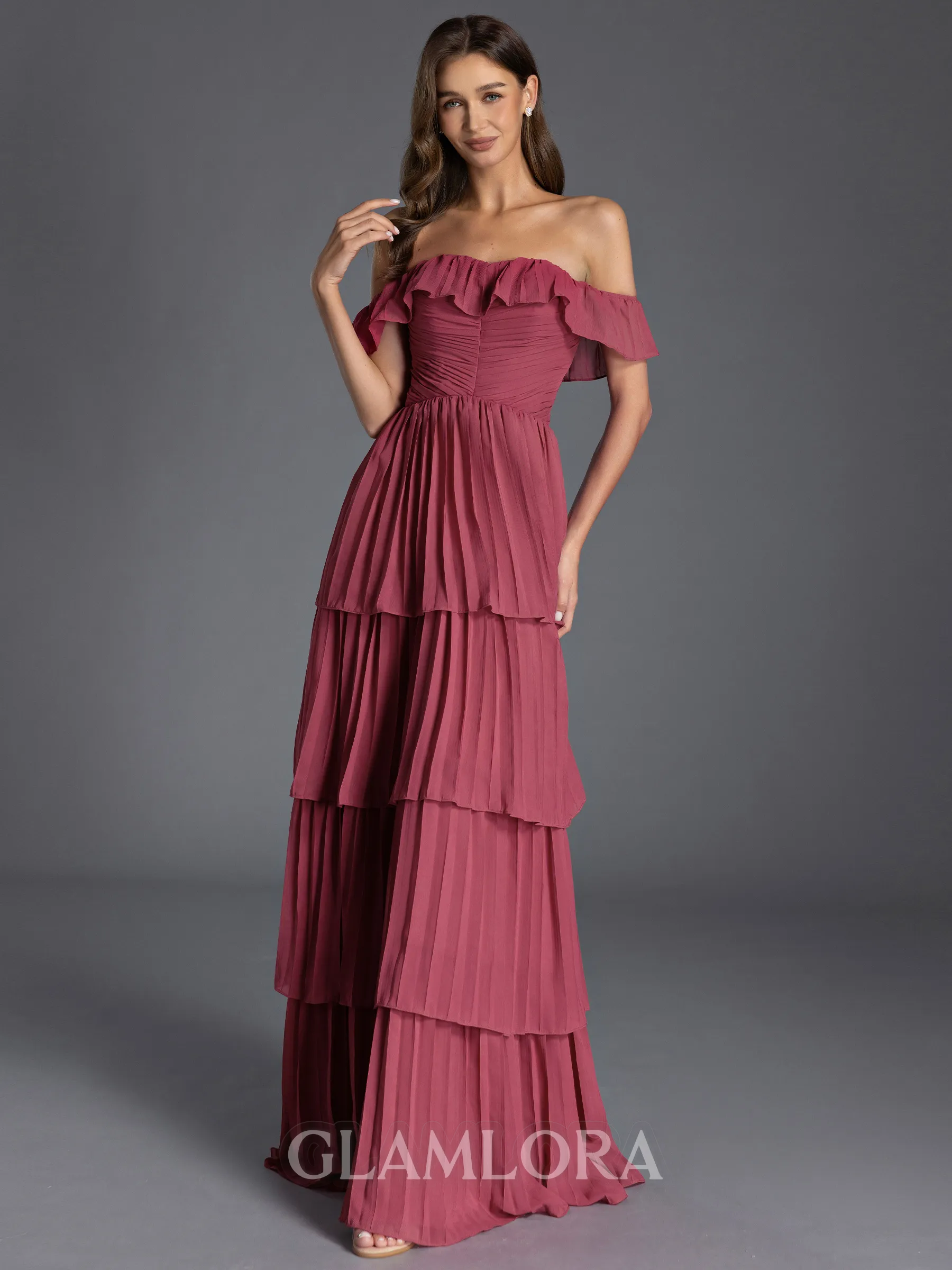 Pretty A-line Off-the-Shoulder Cascading Ruffles Floor-Length Chiffon Bridesmaid Dress