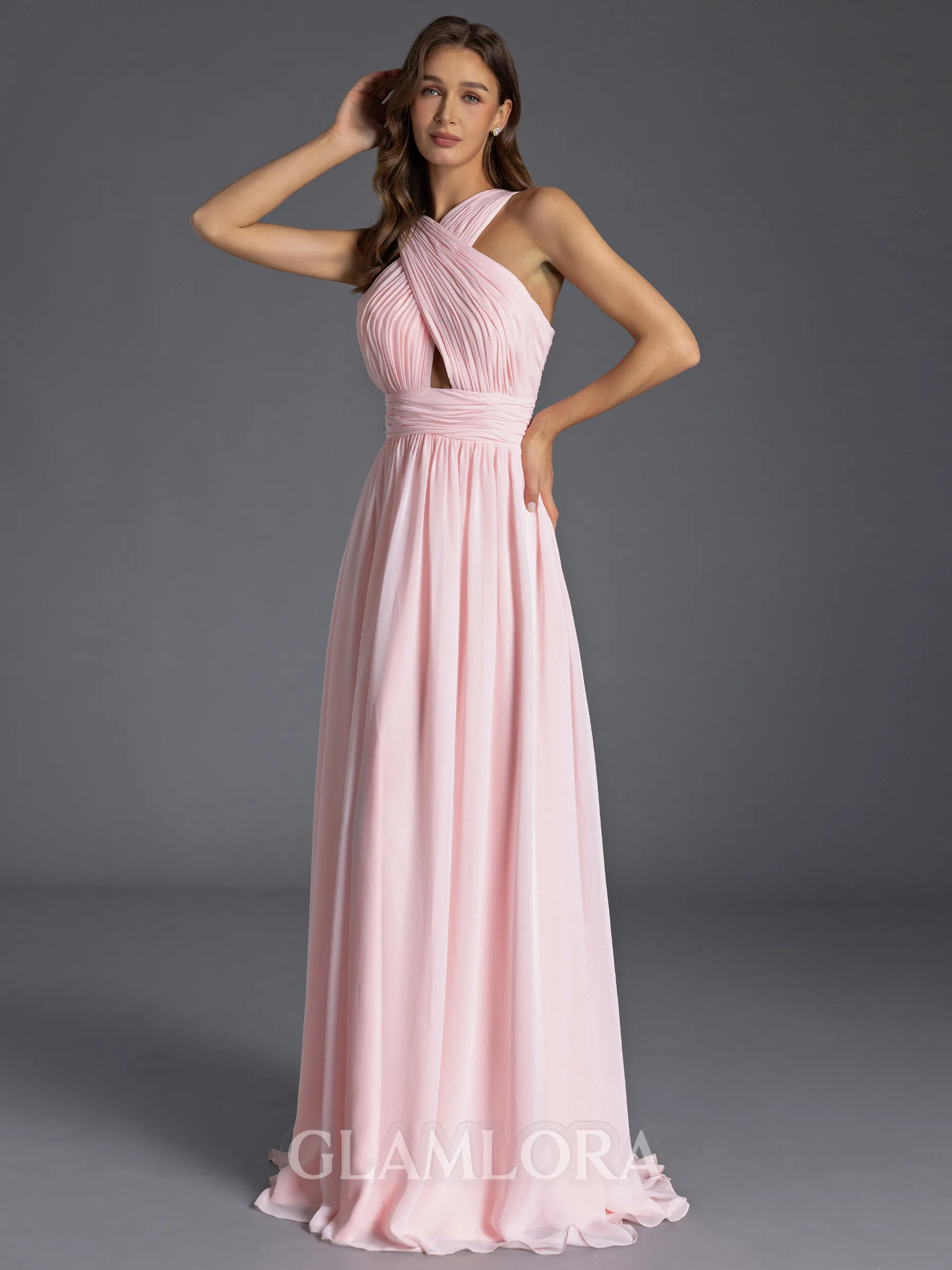 Trendy A-line Halter Pleated Floor-Length Chiffon Bridesmaid Dress