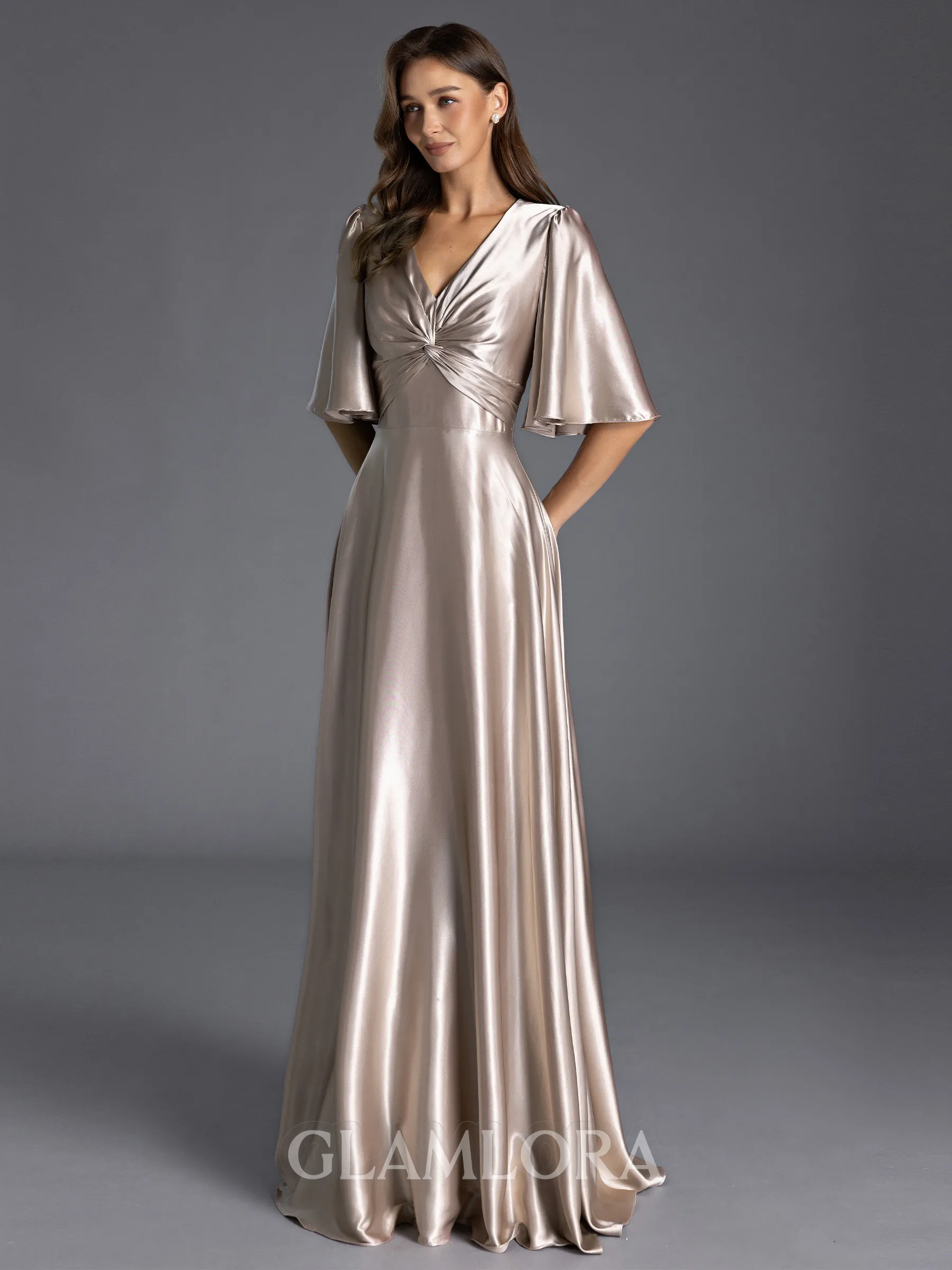 Glam A-line V-Neck 1/2 Sleeves Pleated Floor-Length Silk Like Satin Dress