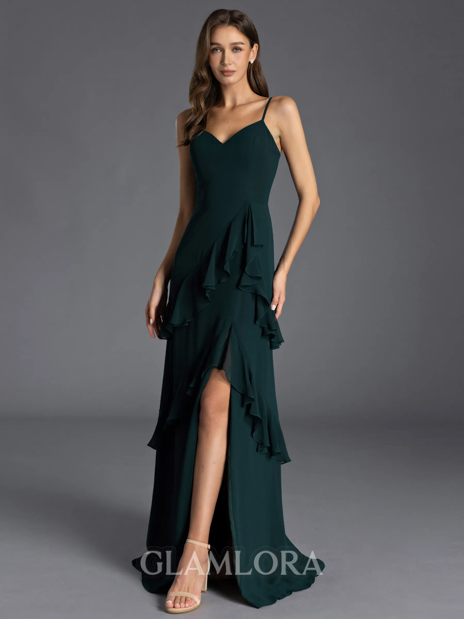 Unique A-line V-Neck Cascading Ruffles Floor-Length Chiffon Bridesmaid Dress