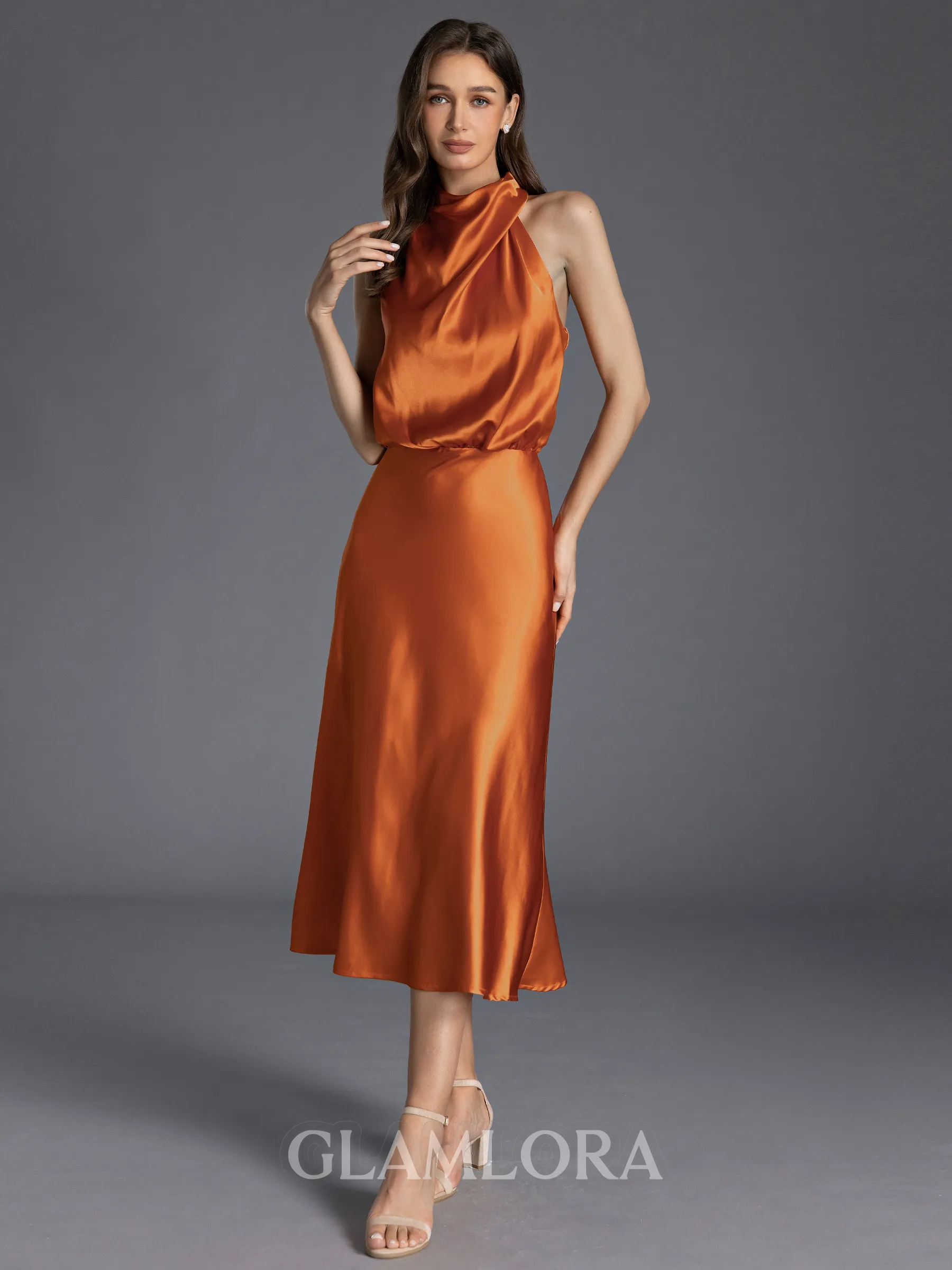 Charming Sheath Halter Pleated Tea-Length Silk Like Satin Bridesmaid Dress