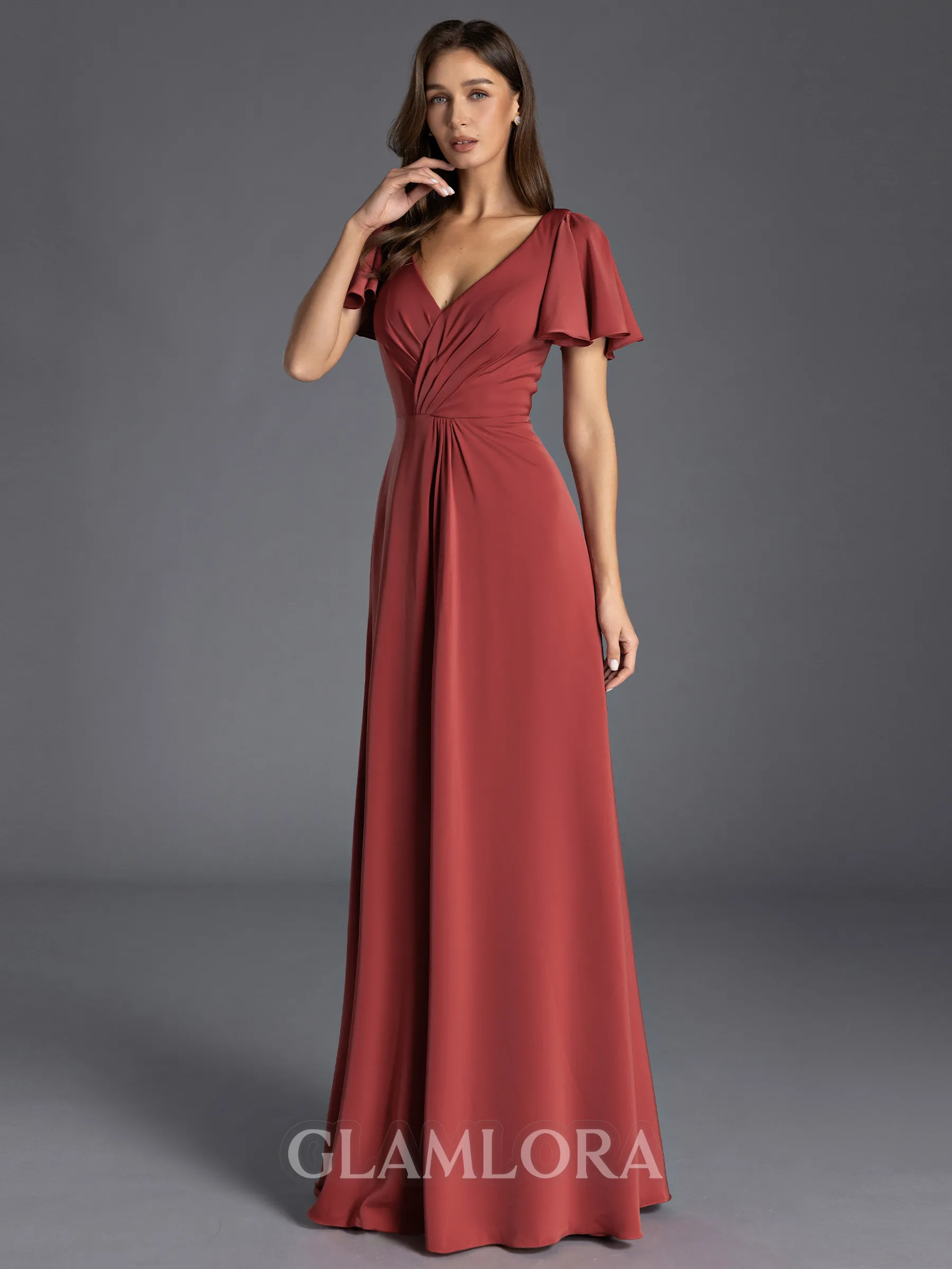Charming A-line V-Neck Short Sleeves Pleated Floor-Length Bridesmaid Dress