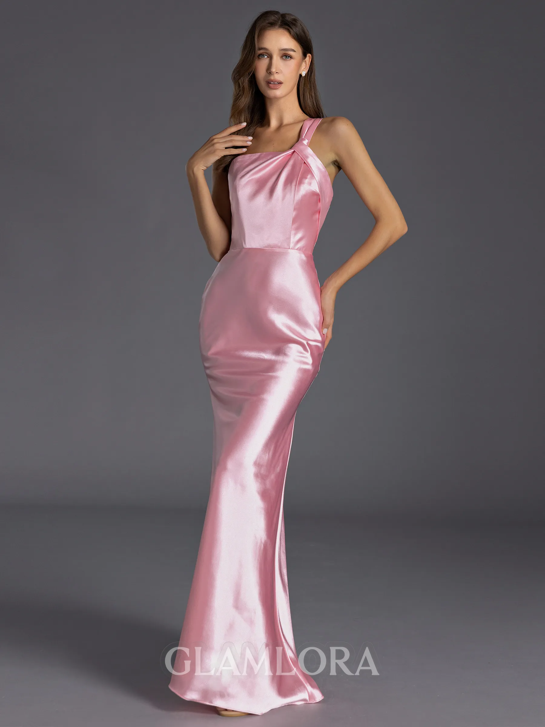 Glamorous Sheath One-Shoulder Pleated Floor-Length Silk like Satin Bridesmaid Dress