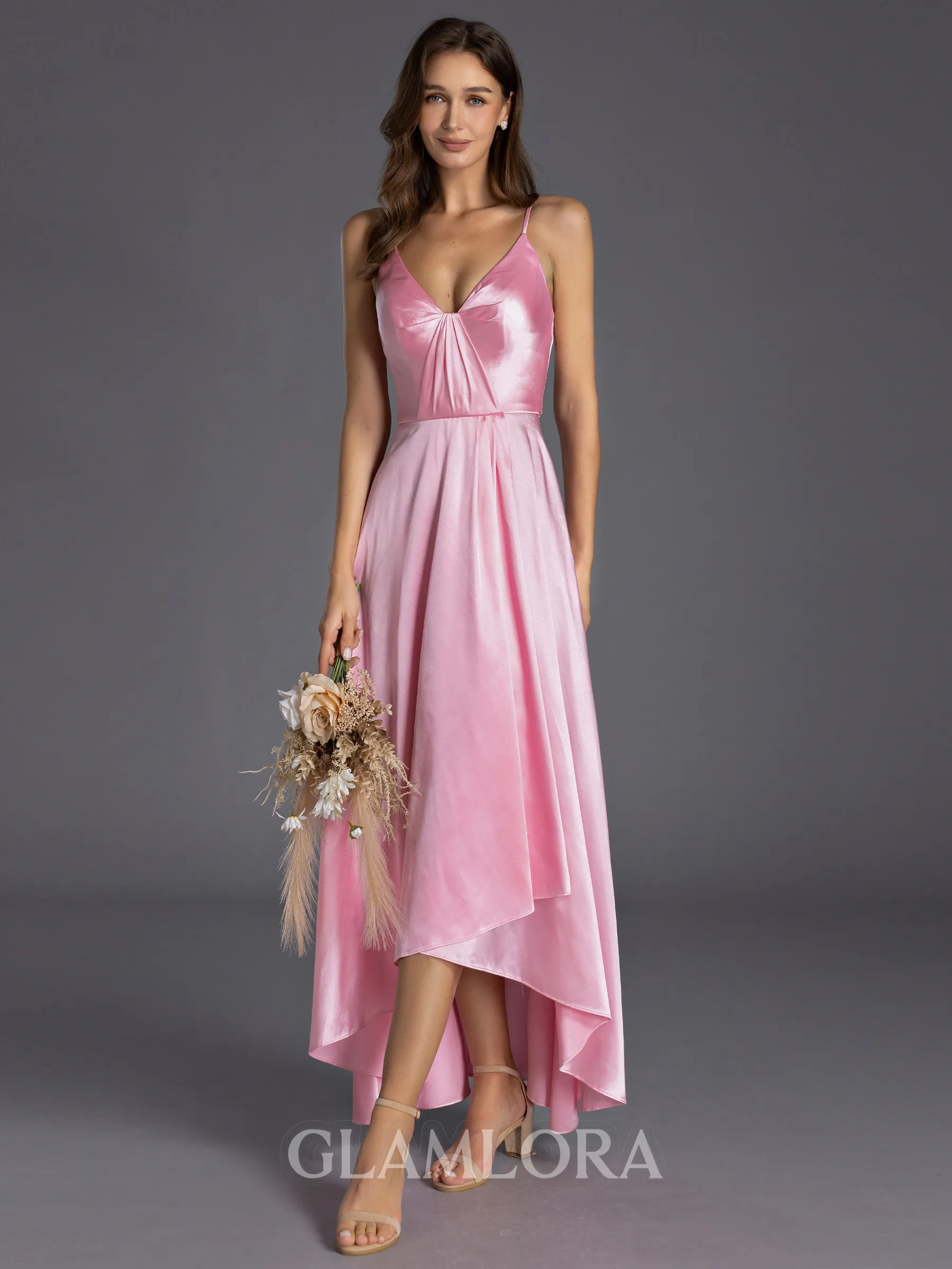 Elegant A-line V-Neck Pleated Asymmetrical Silk Like Satin Bridesmaid Dress