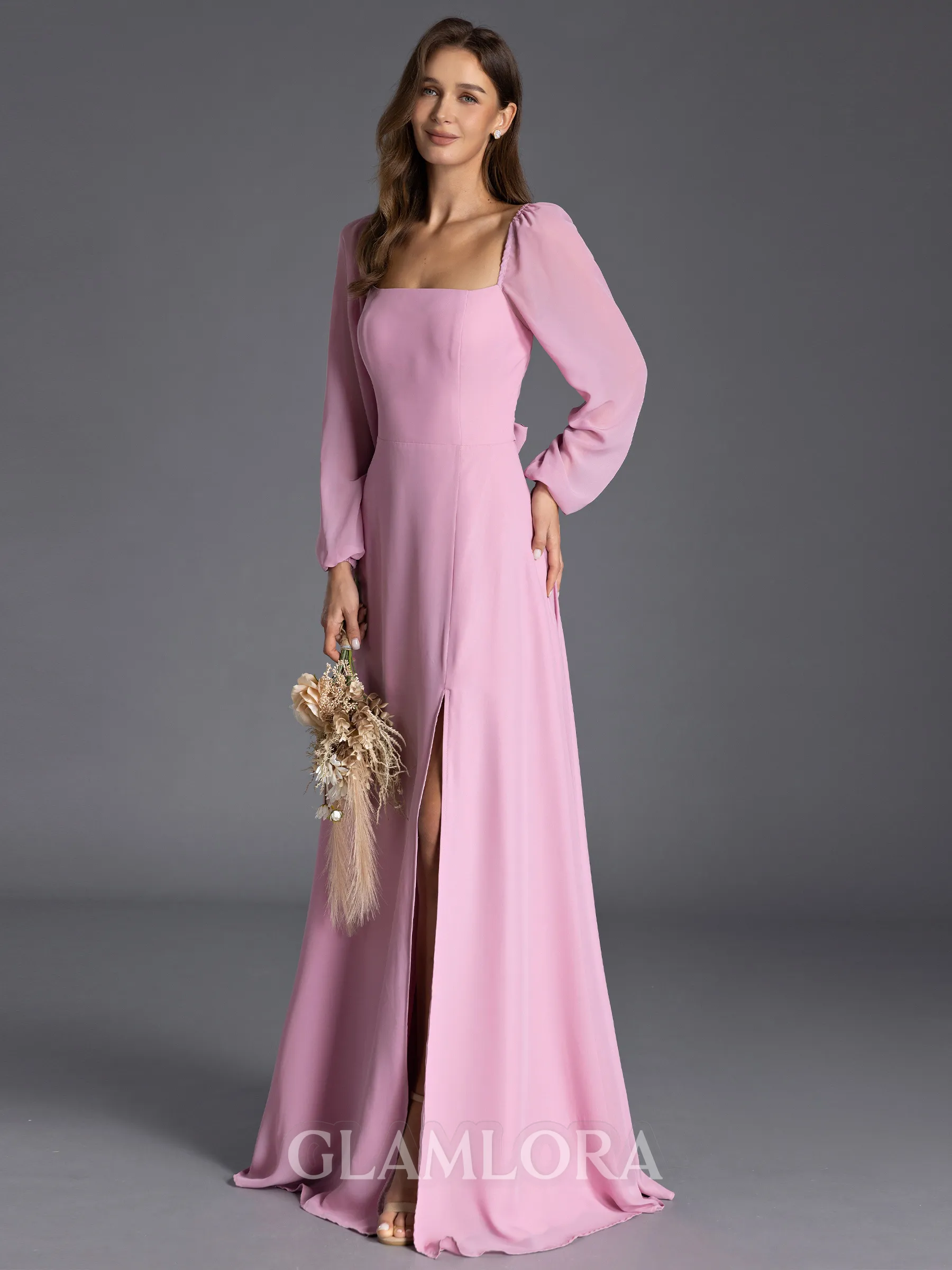 Delicate A-line Square Long Sleeves Bow Floor-Length Chiffon Bridesmaid Dress