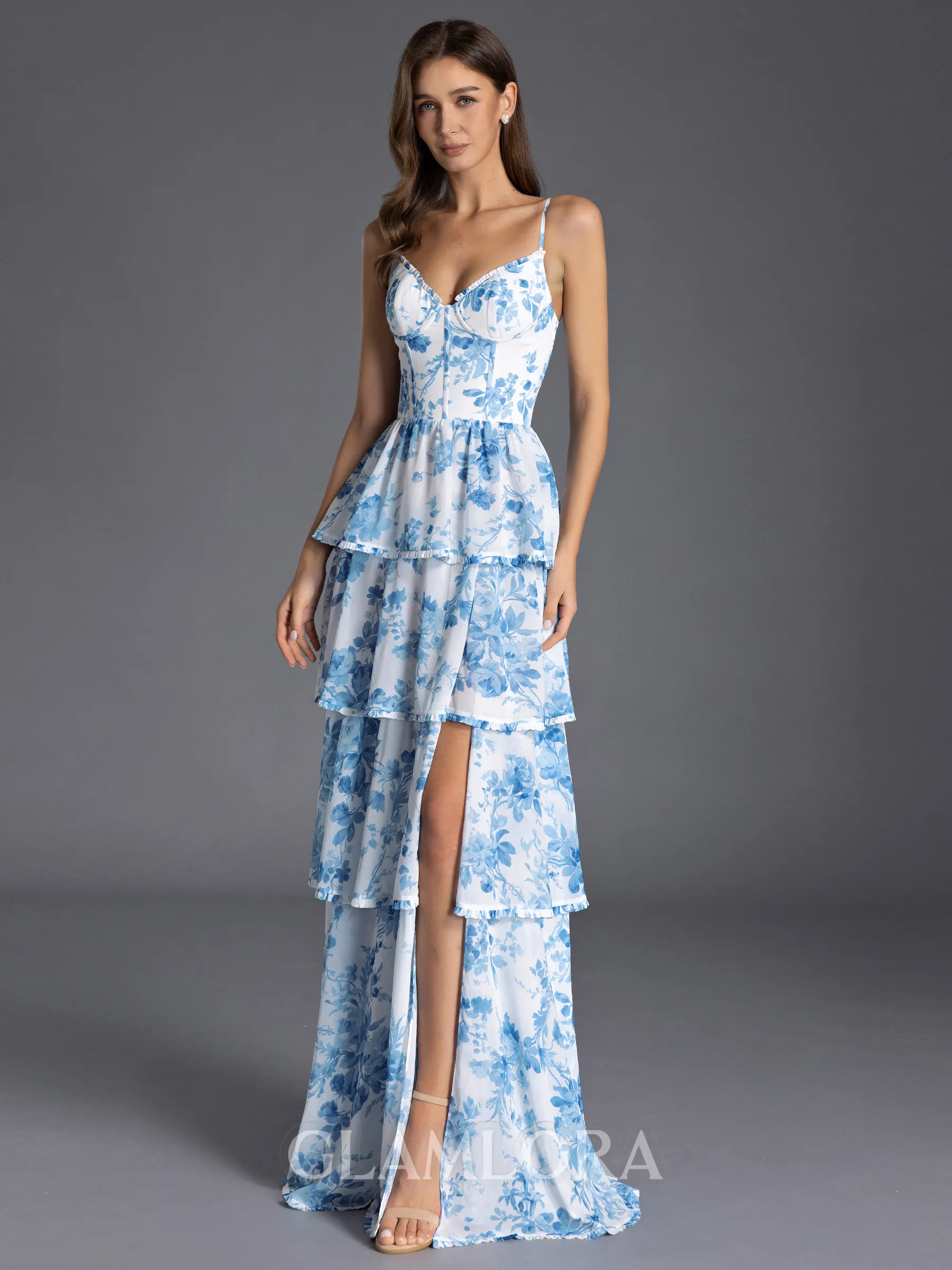 Glamorous A-line V-Neck Cascading Ruffles Floor-Length Corset Bridesmaid Dress