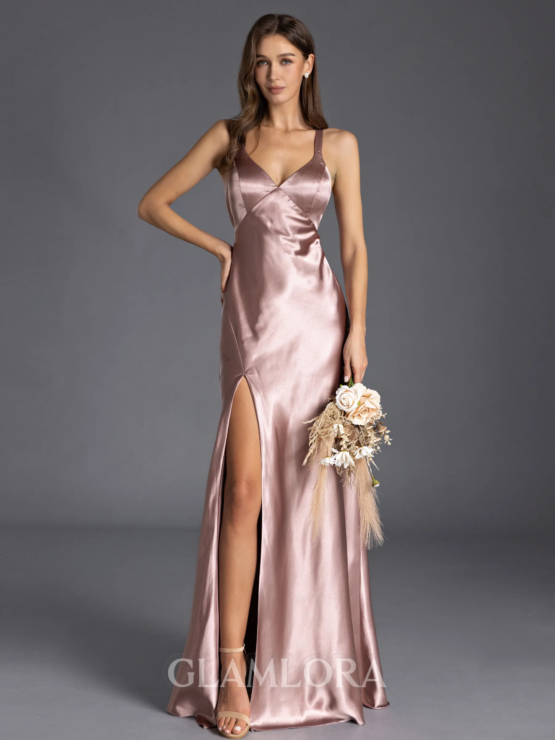 Elegant Sheath V-Neck Floor-Length Silk like Satin Bridesmaid Dress