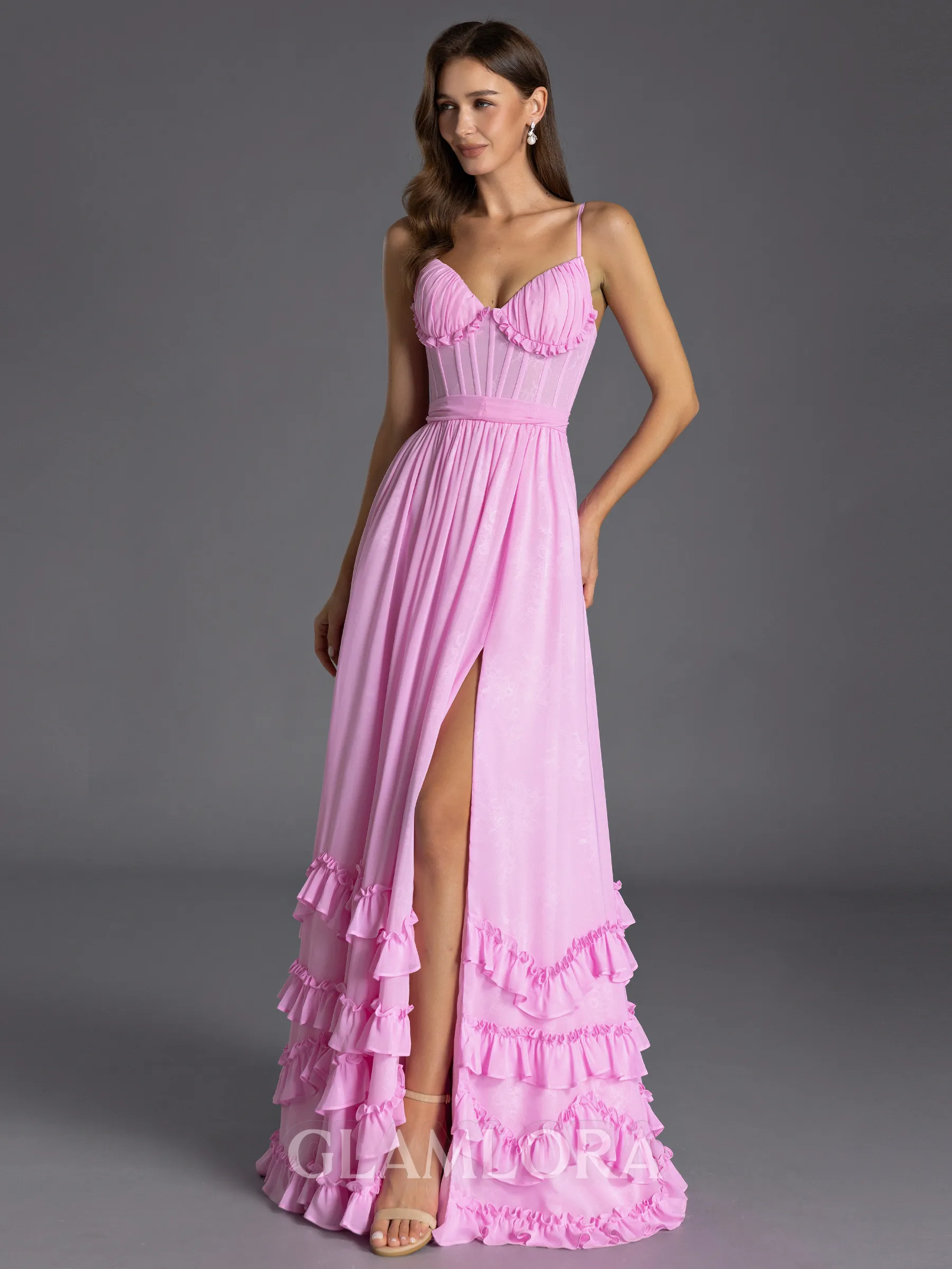 Exquisite A-line V-Neck Ruffles Floor-Length Chiffon Corset Bridesmaid Dress