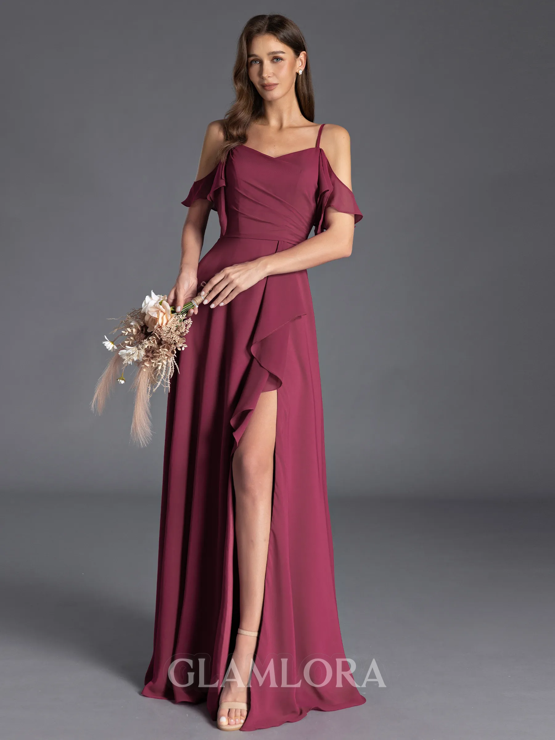 Splendid A-line Cold Shoulder Ruffles Floor-Length Chiffon Bridesmaid Dress