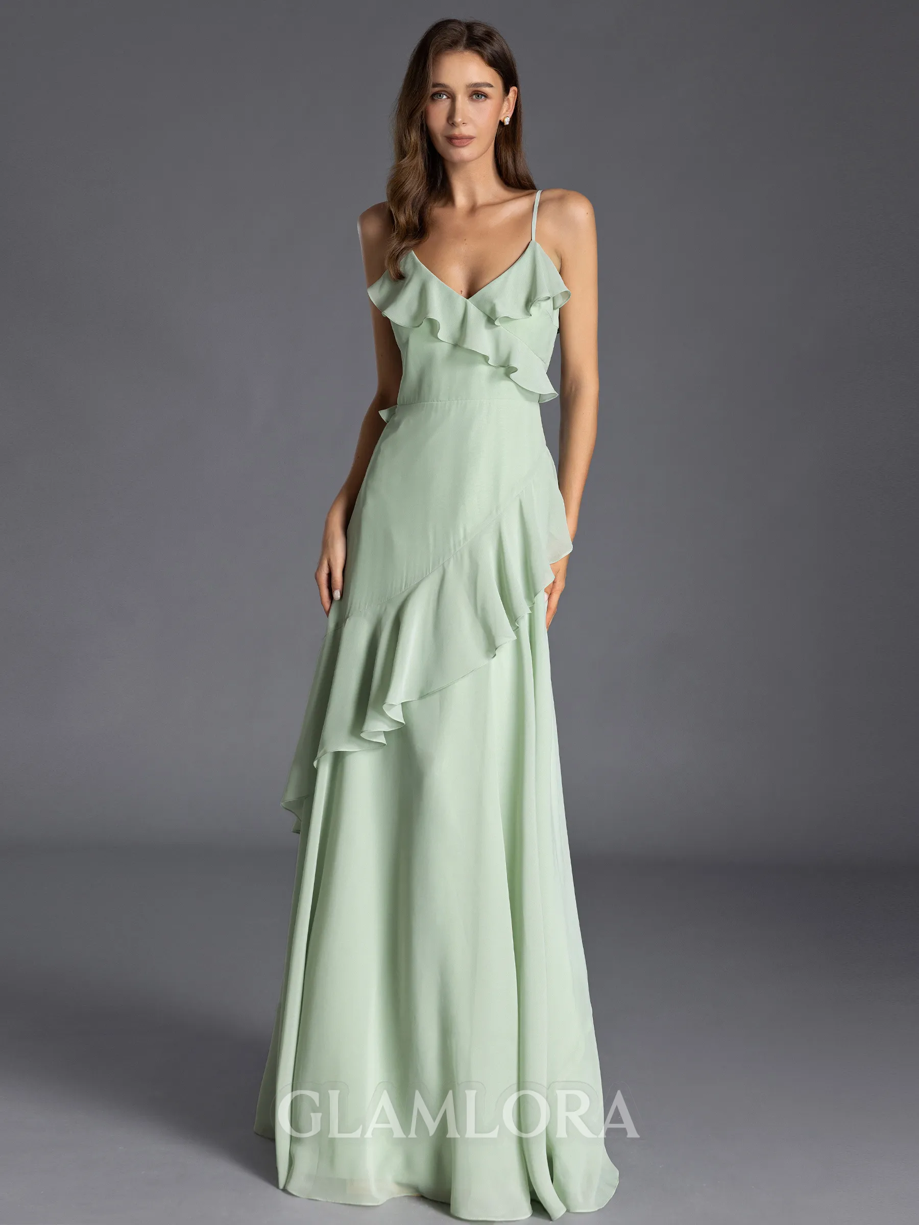 Graceful A-line V-Neck Ruffles Floor-Length Chiffon Bridesmaid Dress