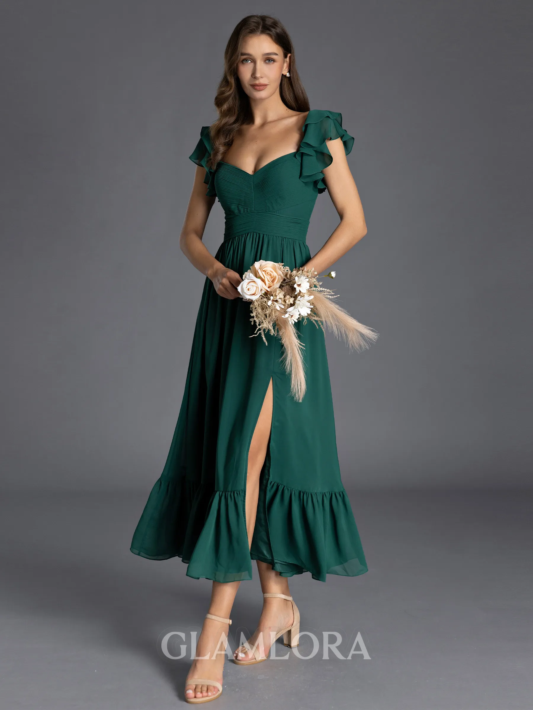 Splendid A-line V-Neck Ruffles Tea-Length Chiffon Bridesmaid Dress