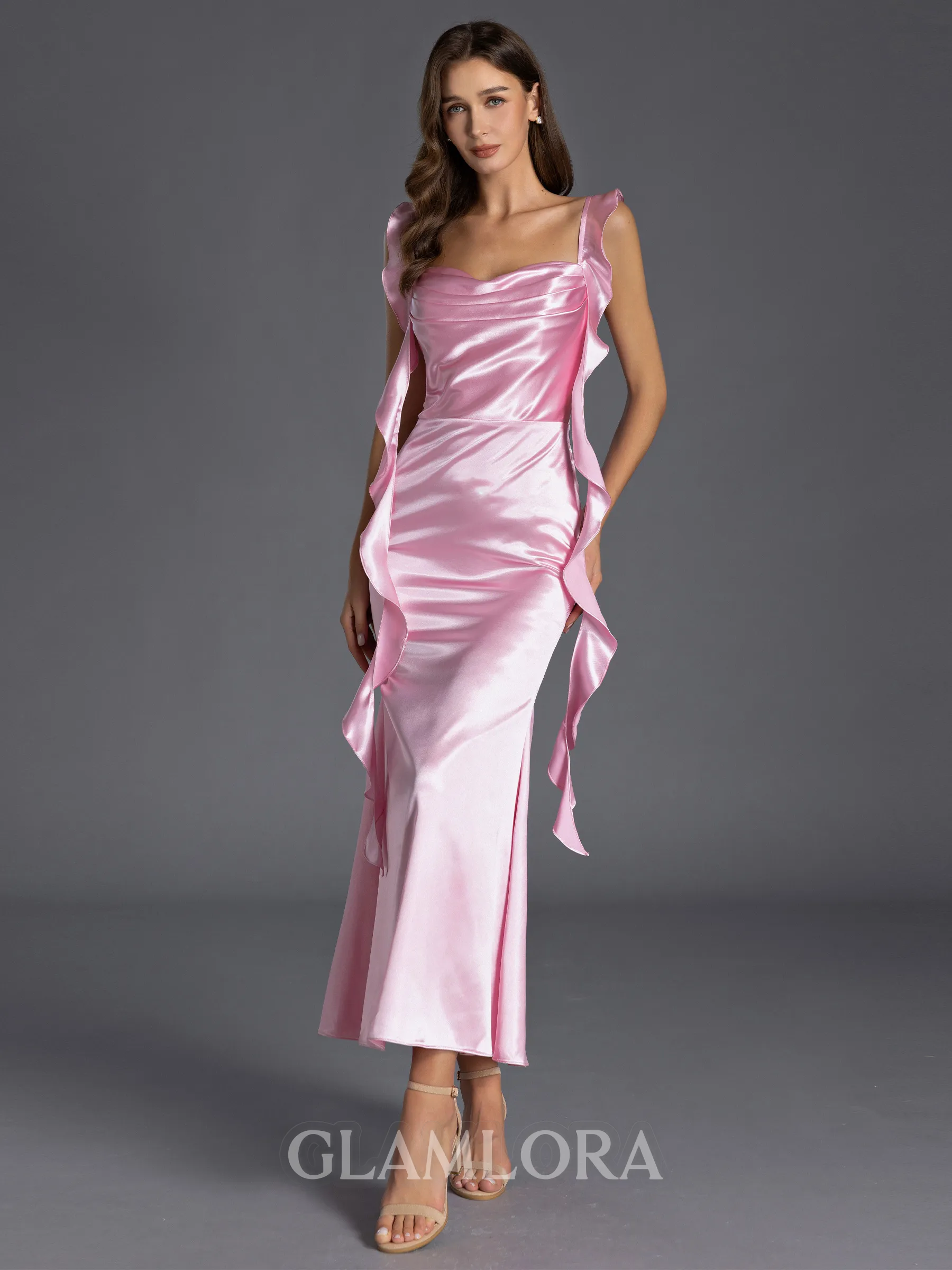 Graceful Sheath Straps Ruffles Ankle-Length Silk like Satin Bridesmaid Dress