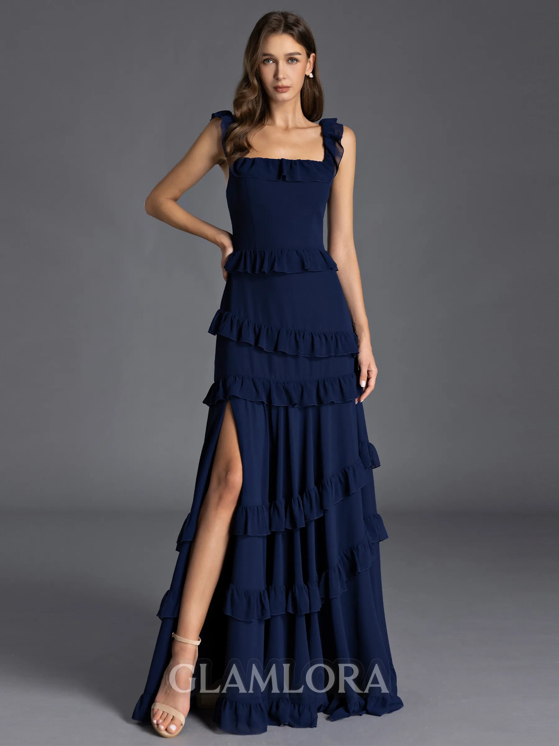 Gorgeous A-line Square Cascading Ruffles Floor-Length Bridesmaid Dress