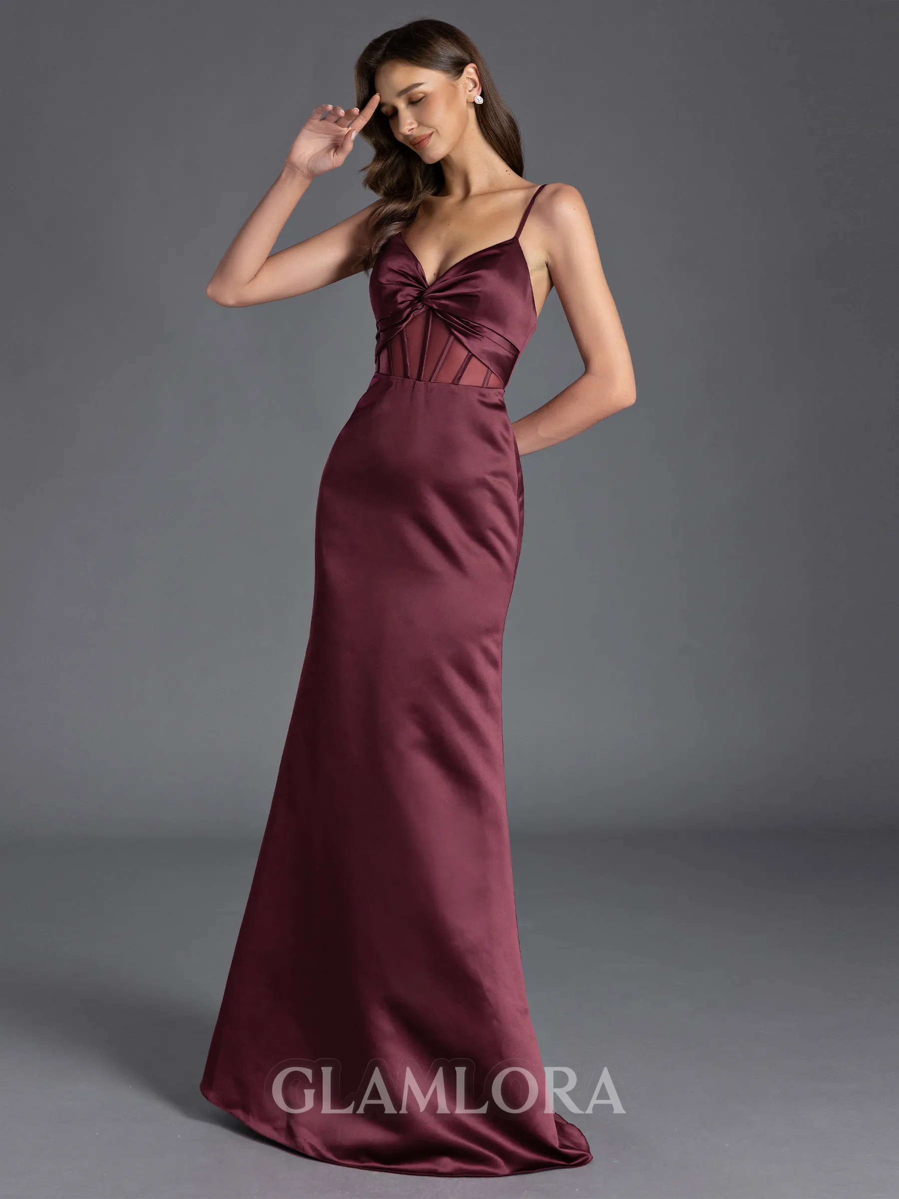 Luxurious Sheath V-Neck Pleated Floor-Length Satin Corset Bridesmaid Dress