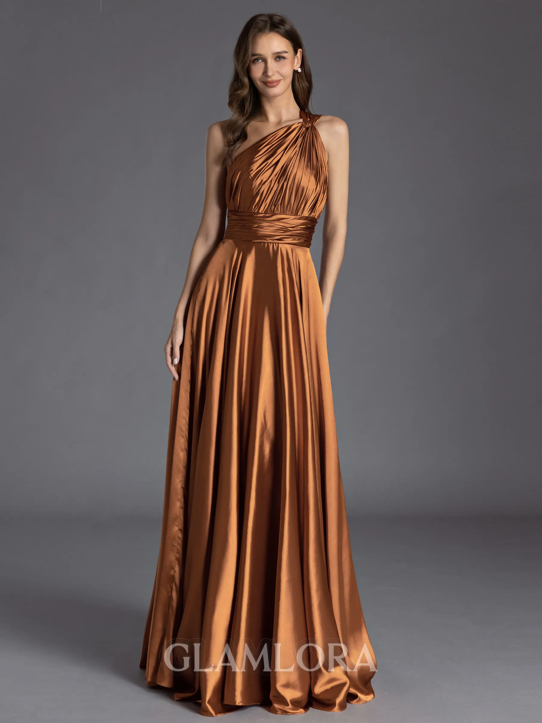Show-stopping A-line One-Shoulder Pleated Floor-Length Silk Like Satin Bridesmaid Dress