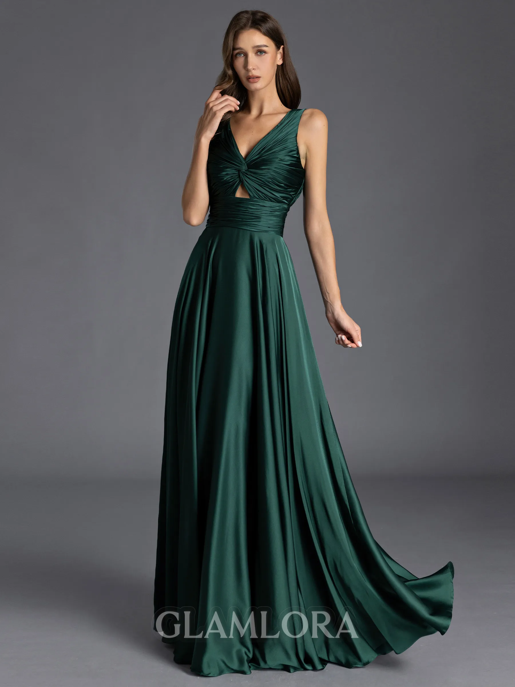 Striking A-line V-Neck Pleated Floor-Length Silk like Satin Bridesmaid Dress