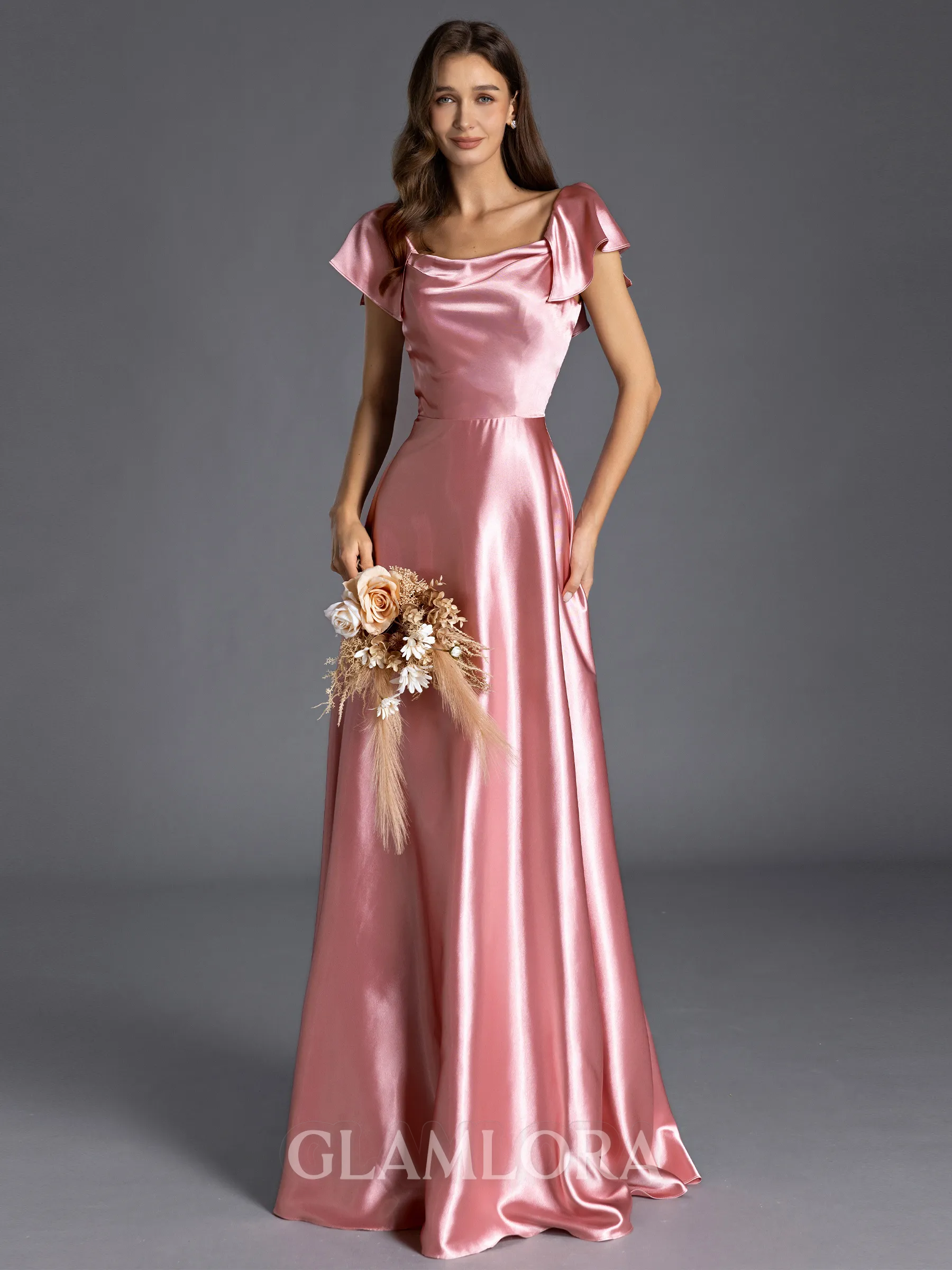 Aristocratic A-line Square Short Sleeves Floor-Length Silk like Satin Bridesmaid Dress