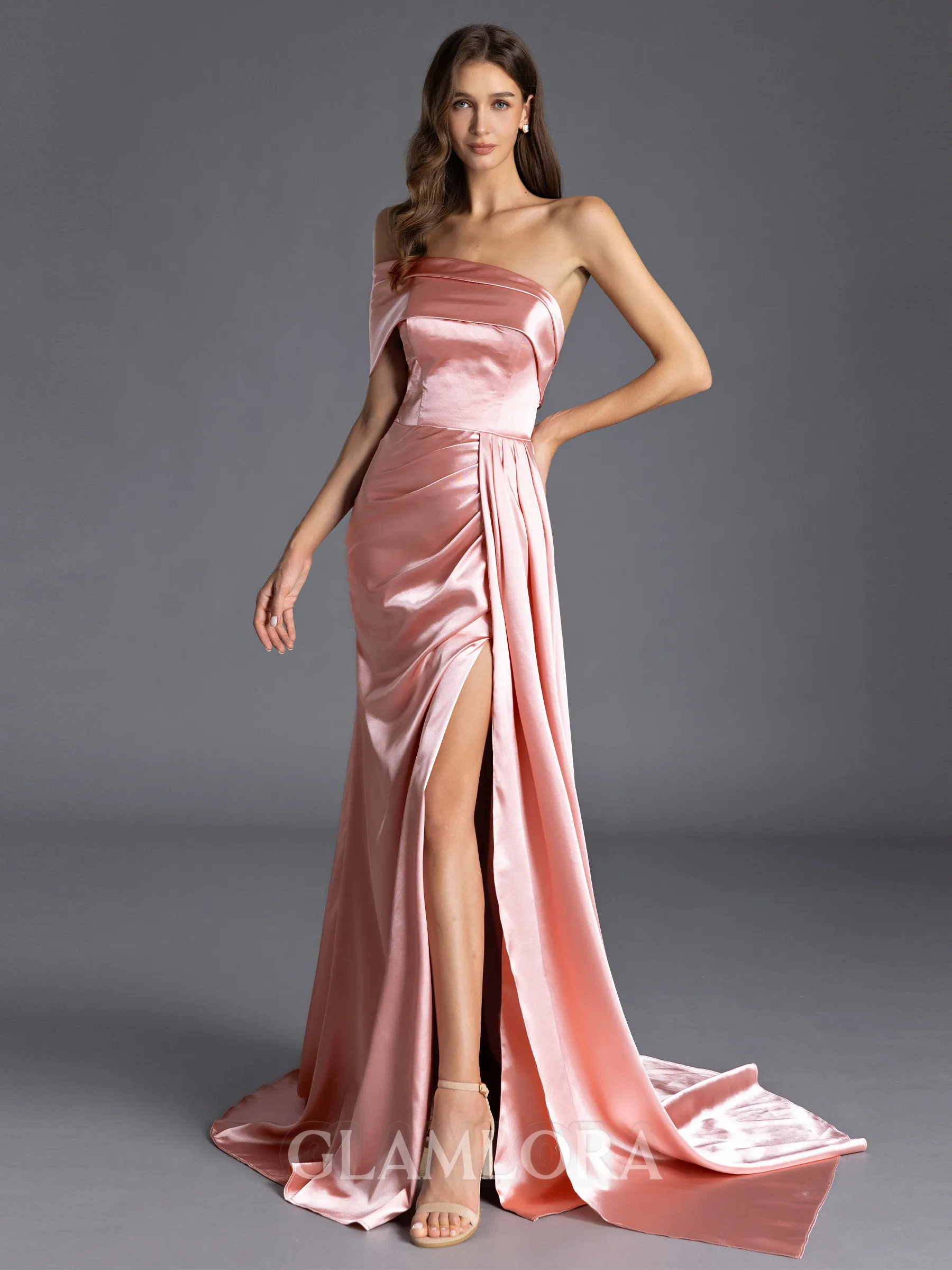 Splendiferous Sheath One-Shoulder Pleated Sweep Train Silk like Satin Bridesmaid Dress
