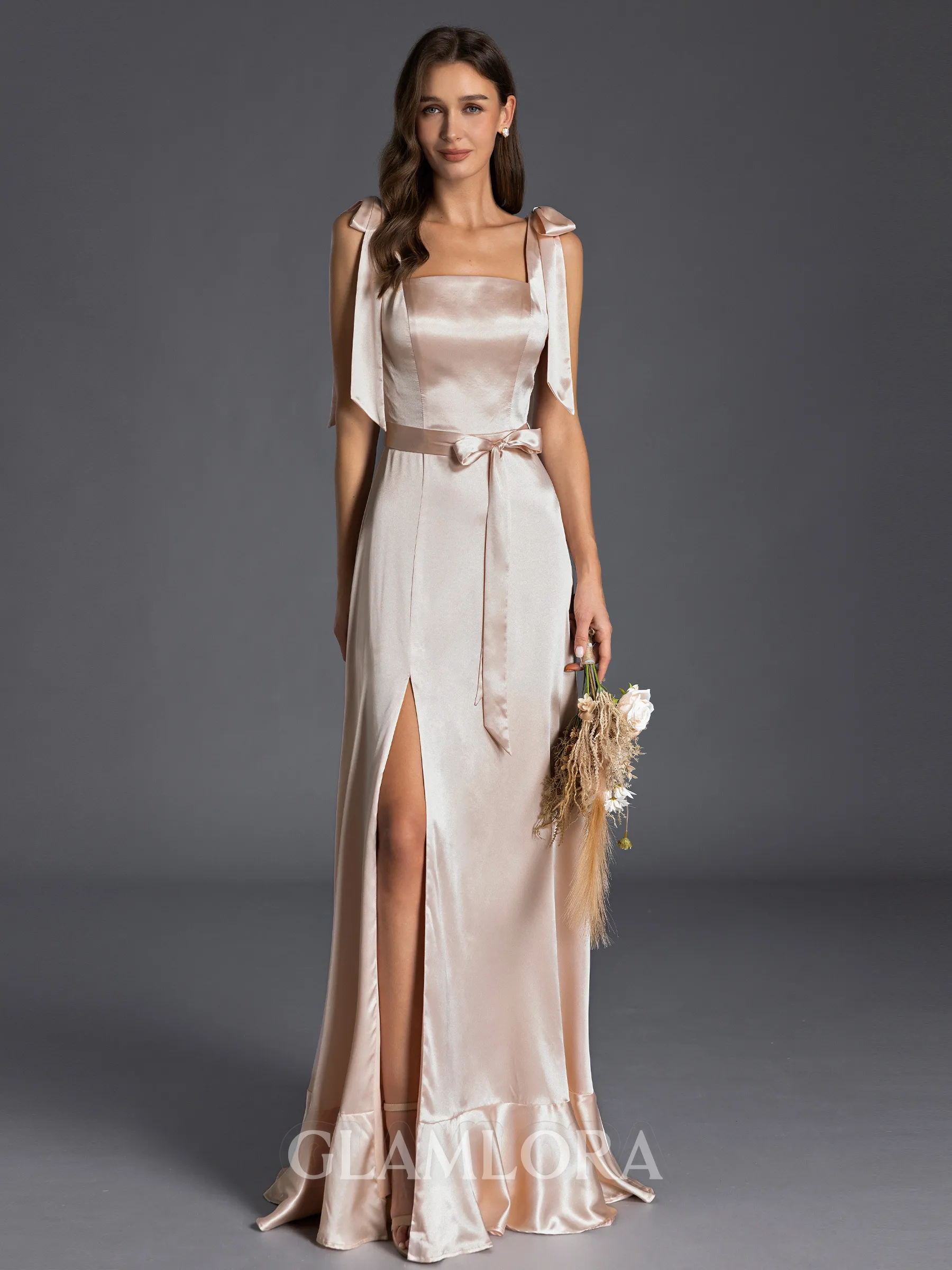Fashion-forward A-line Square Bow Floor-Length Silk Like Satin Bridesmaid Dress