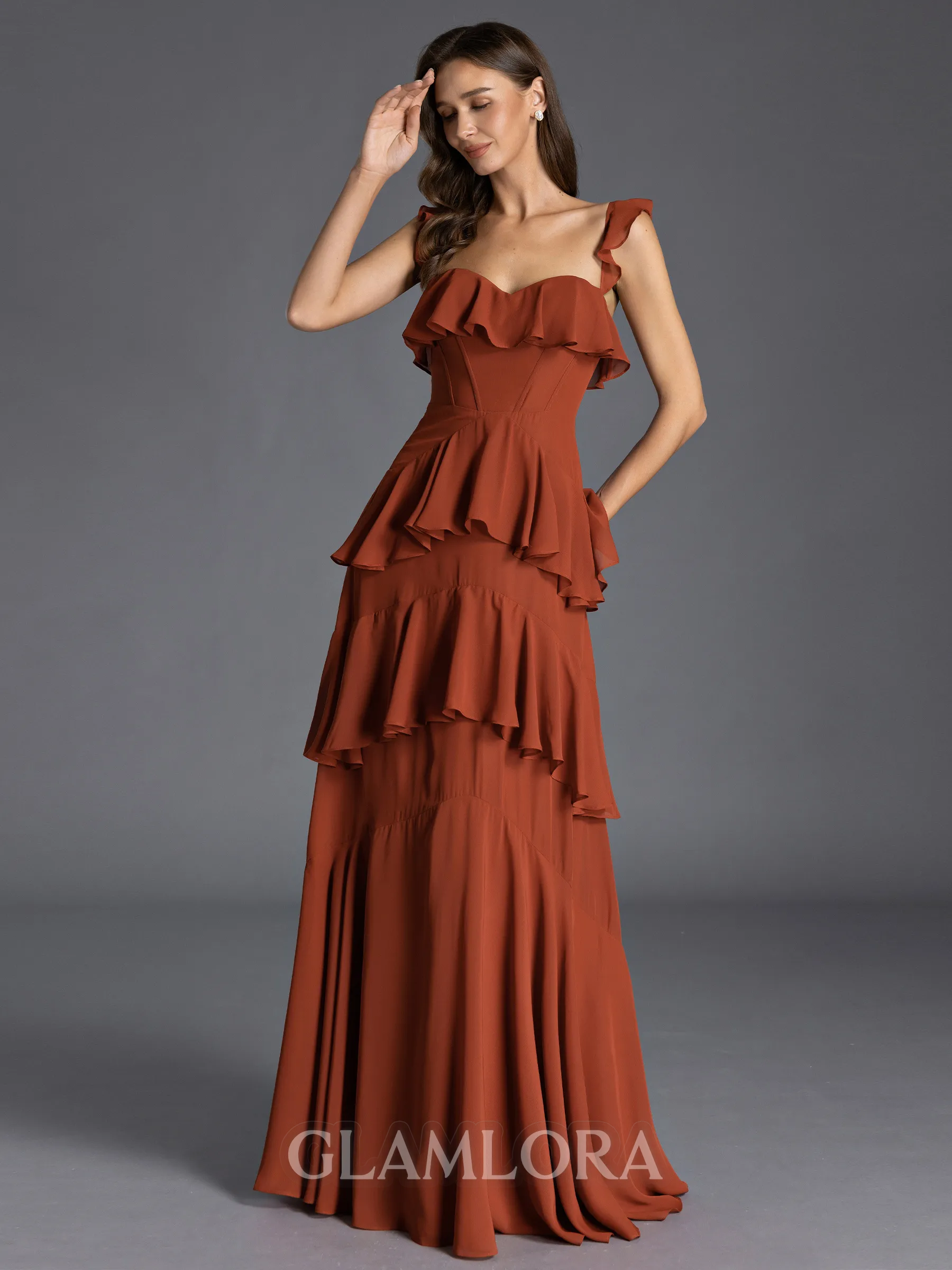 Stunning A-line Straps Cascading Ruffles Floor-Length Chiffon Bridesmaid Dress