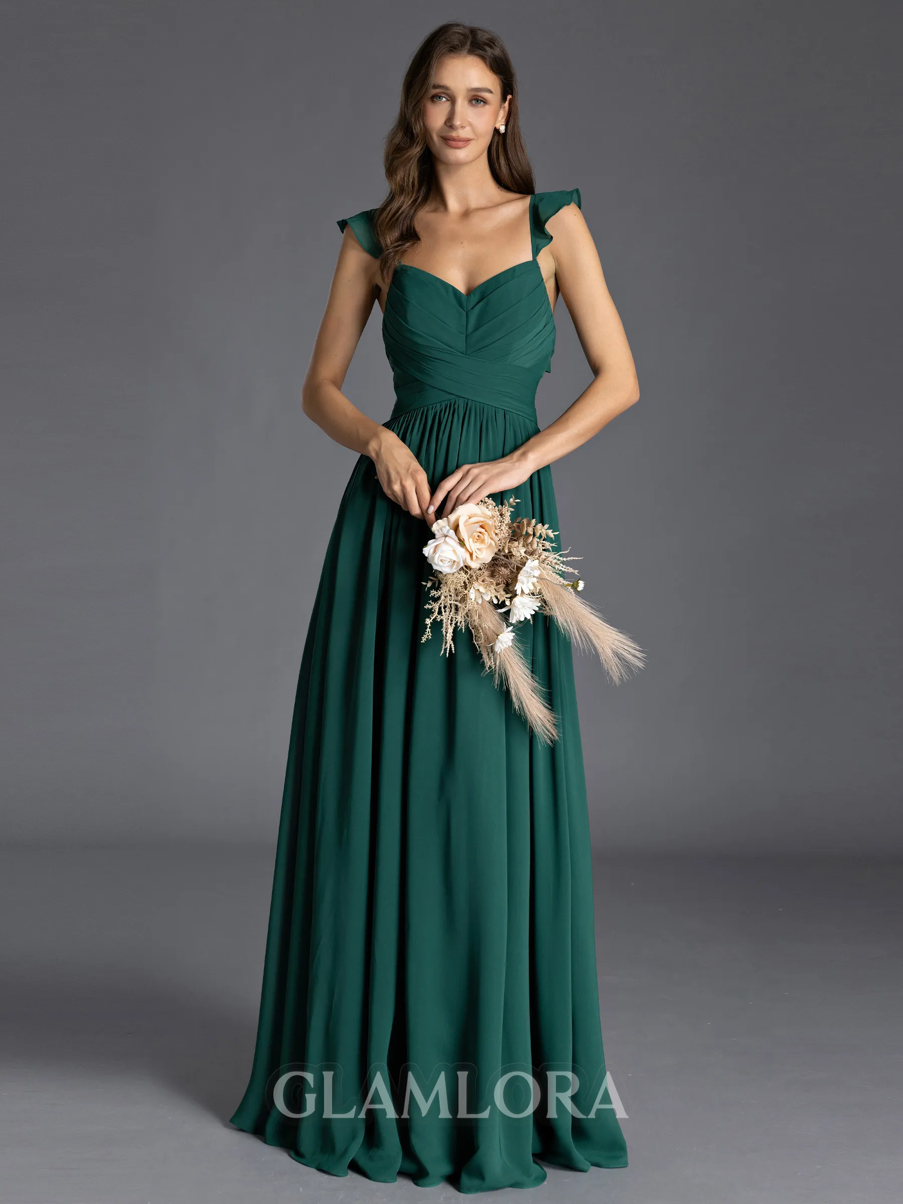 classy A-line V-Neck Pleated Floor-Length Chiffon Bridesmaid Dress