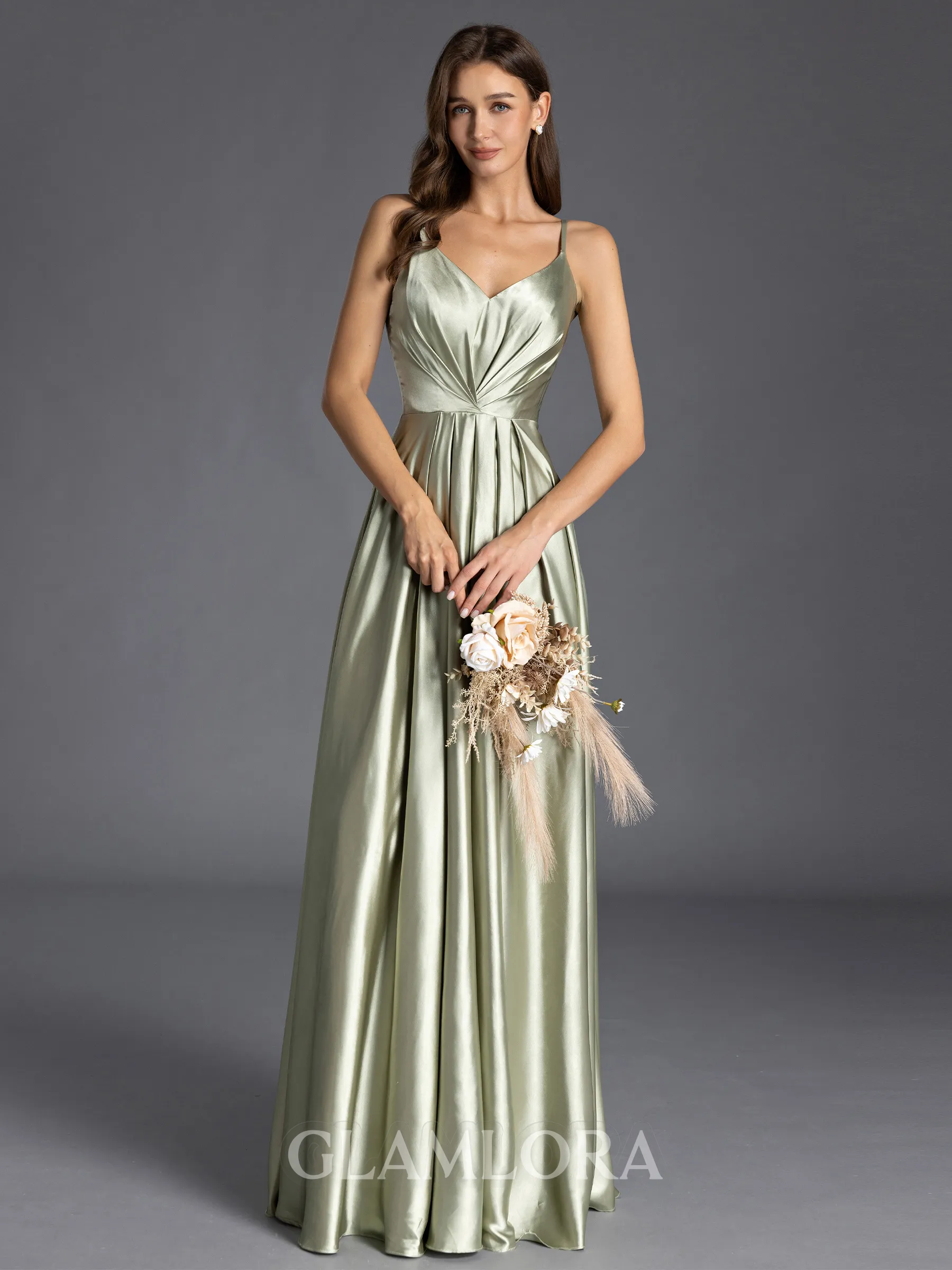 Glamorous A-line V-Neck Pleated Floor-Length Silk Like Satin Bridesmaid Dress