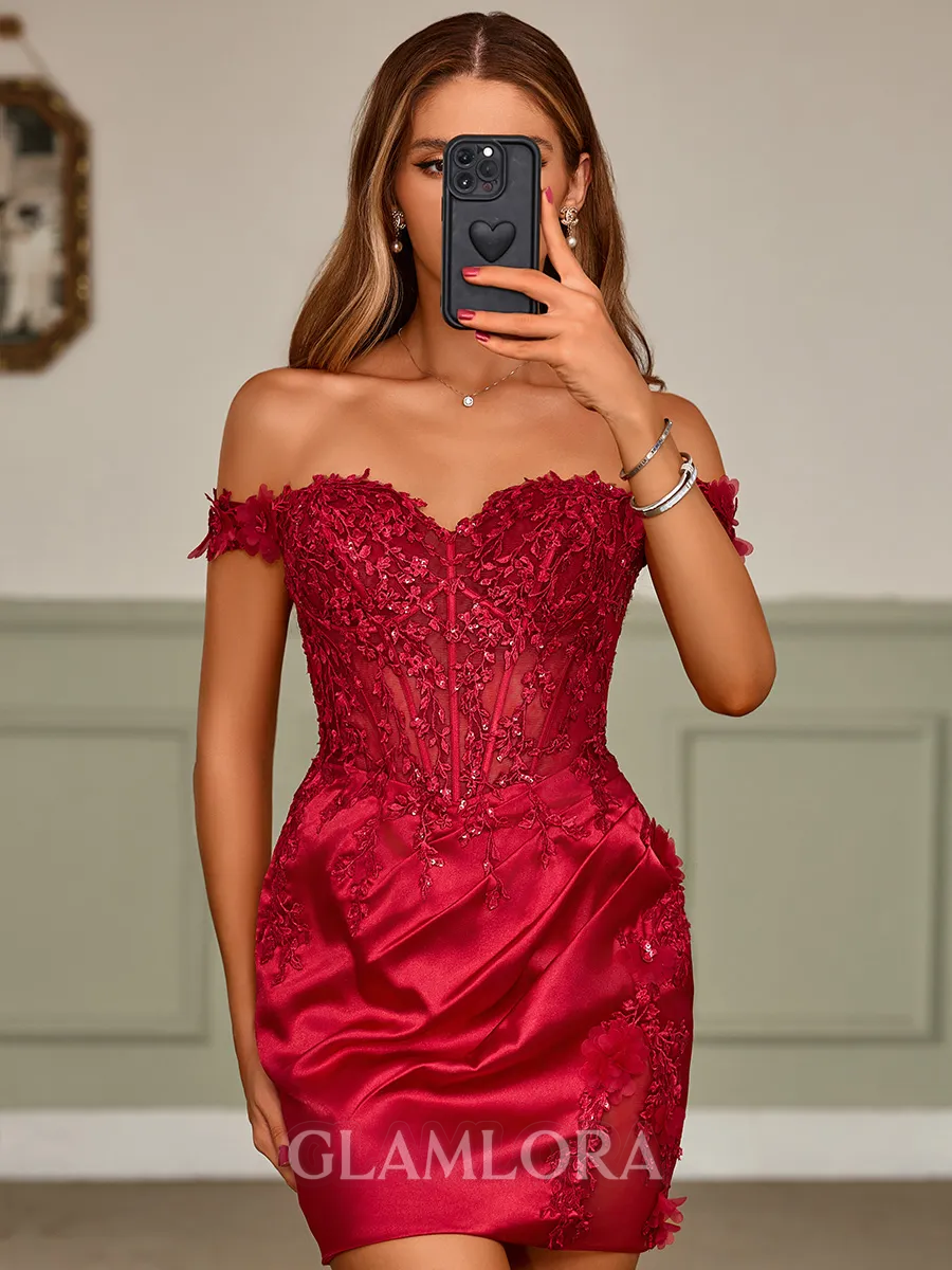 Minimalist Sheath Off-the-Shoulder Silk like Satin Corset Short/Mini Homecoming Dress With Appliques Lace