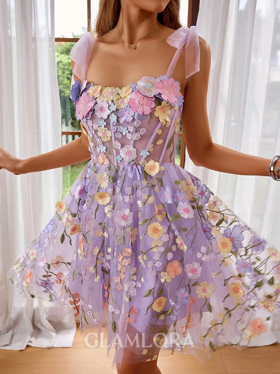 A-line Trendy Straps Tulle Corset Short/Mini Homecoming Dress With Flower