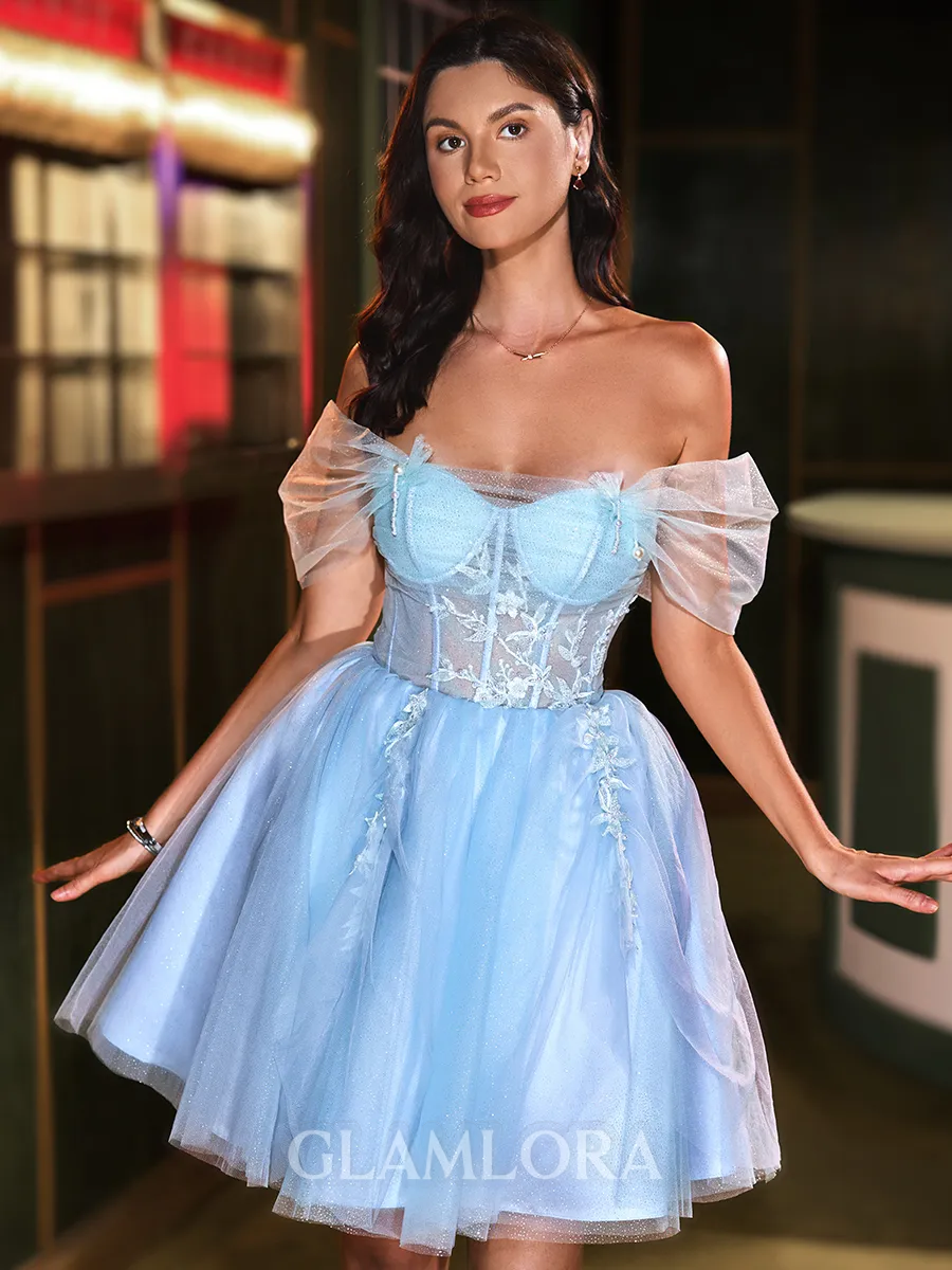 Trendy Ball-Gown Off-the-Shoulder Appliques Lace Short/Mini Tulle Corset Homecoming Dress