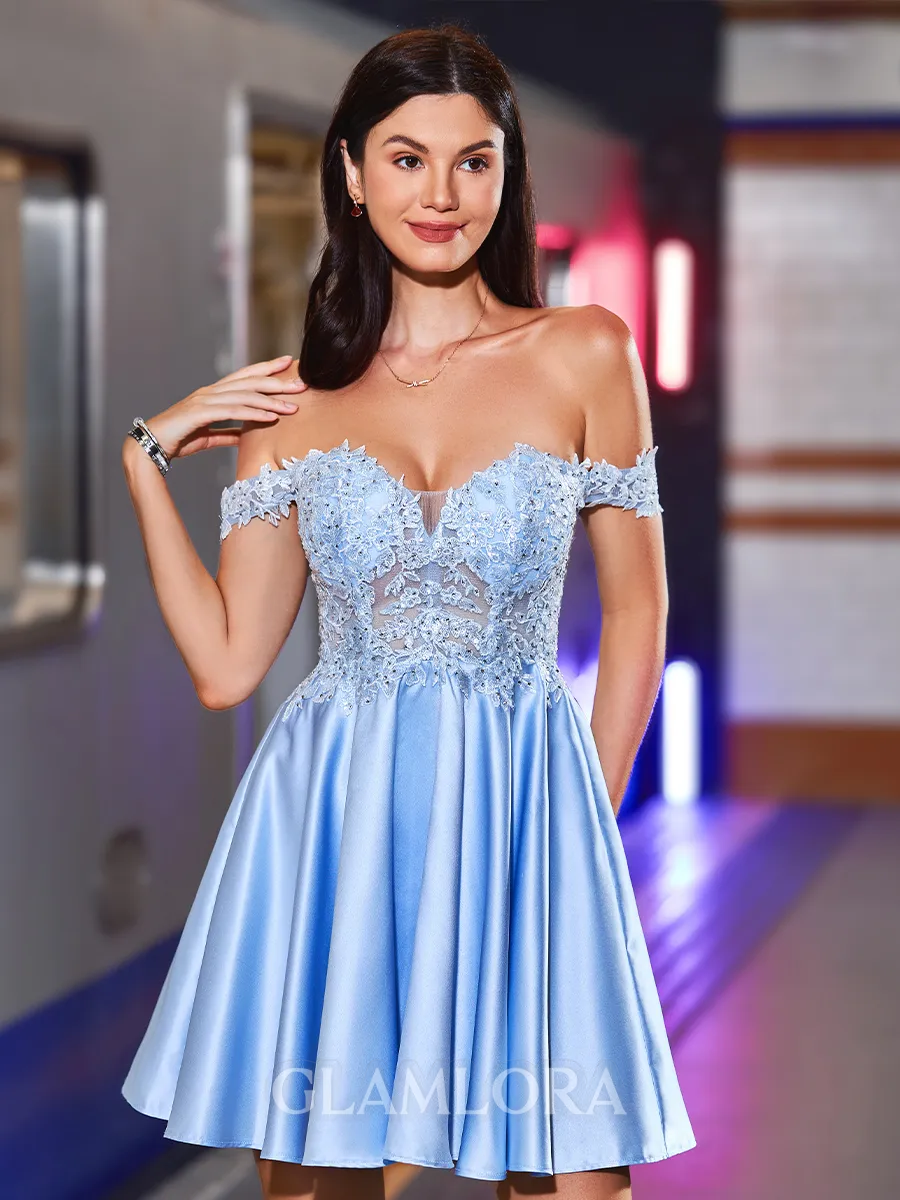 Exquisite A-line Off-the-Shoulder Appliques Lace Short/Mini Satin Homecoming Dress