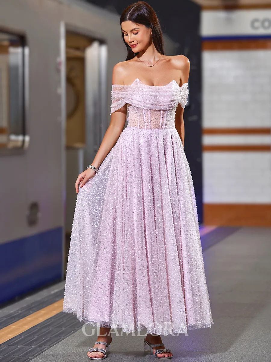 Elegant A-line Off-the-Shoulder Pleated Ankle-Length Corset Homecoming Dress