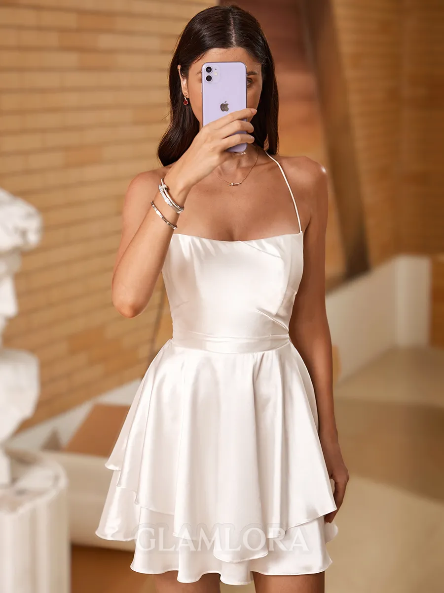 Charming A-line Spaghetti Straps Cascading Ruffles Short/Mini Silk Like Satin Homecoming Dress