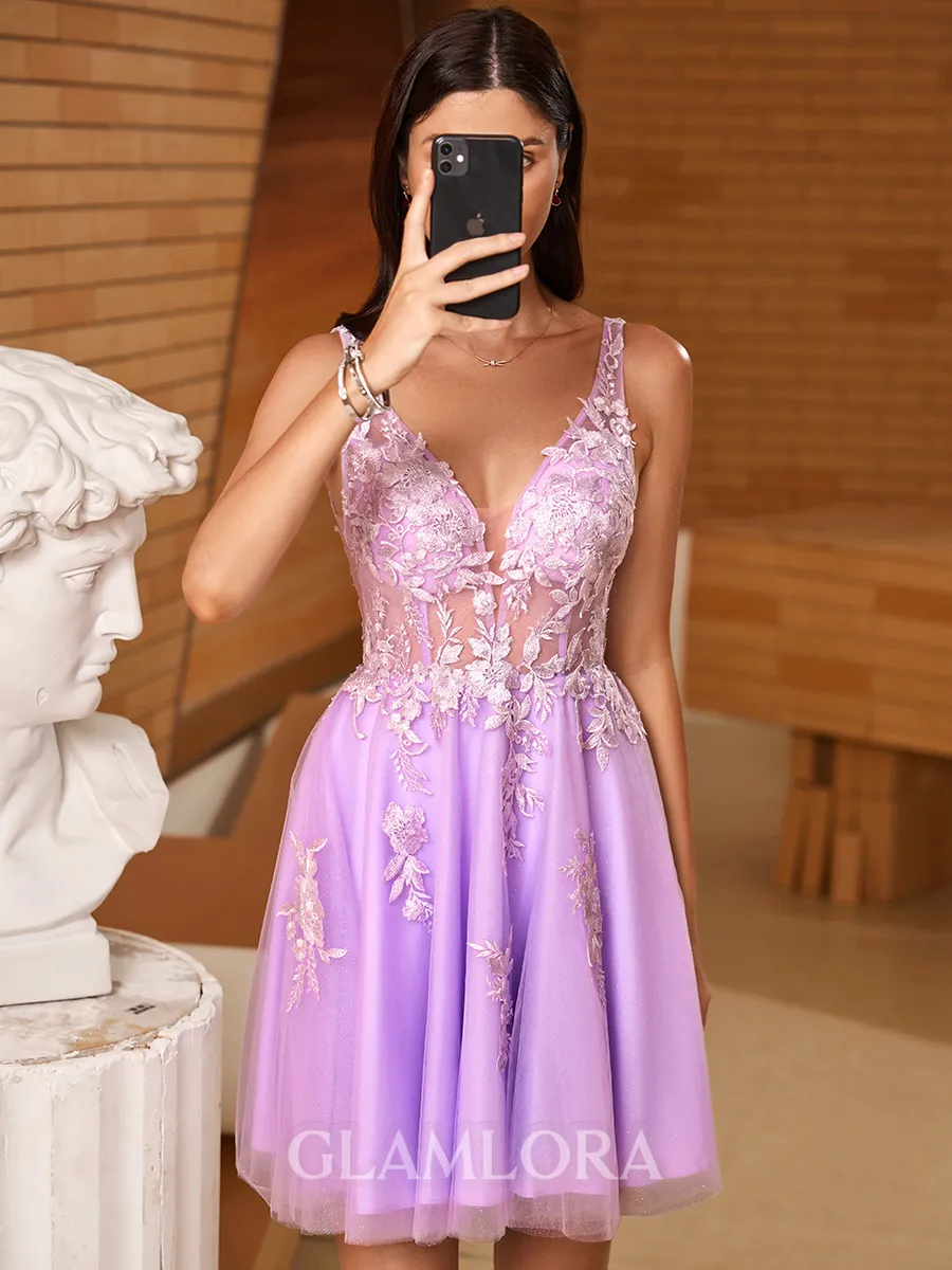 Trendy A-line V-Neck Appliques Lace Short/Mini Tulle Corset Homecoming Dress