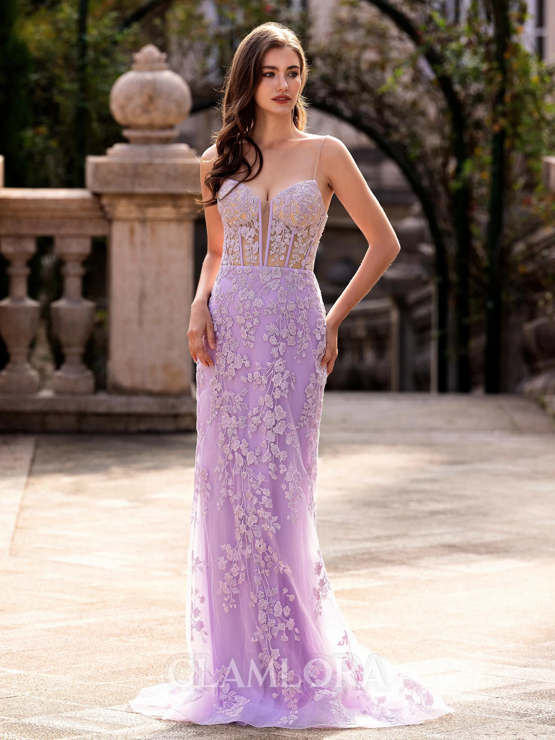 Stylish Sheath Spaghetti Straps Appliques Lace Sweep Train Lace Corset Prom Dress