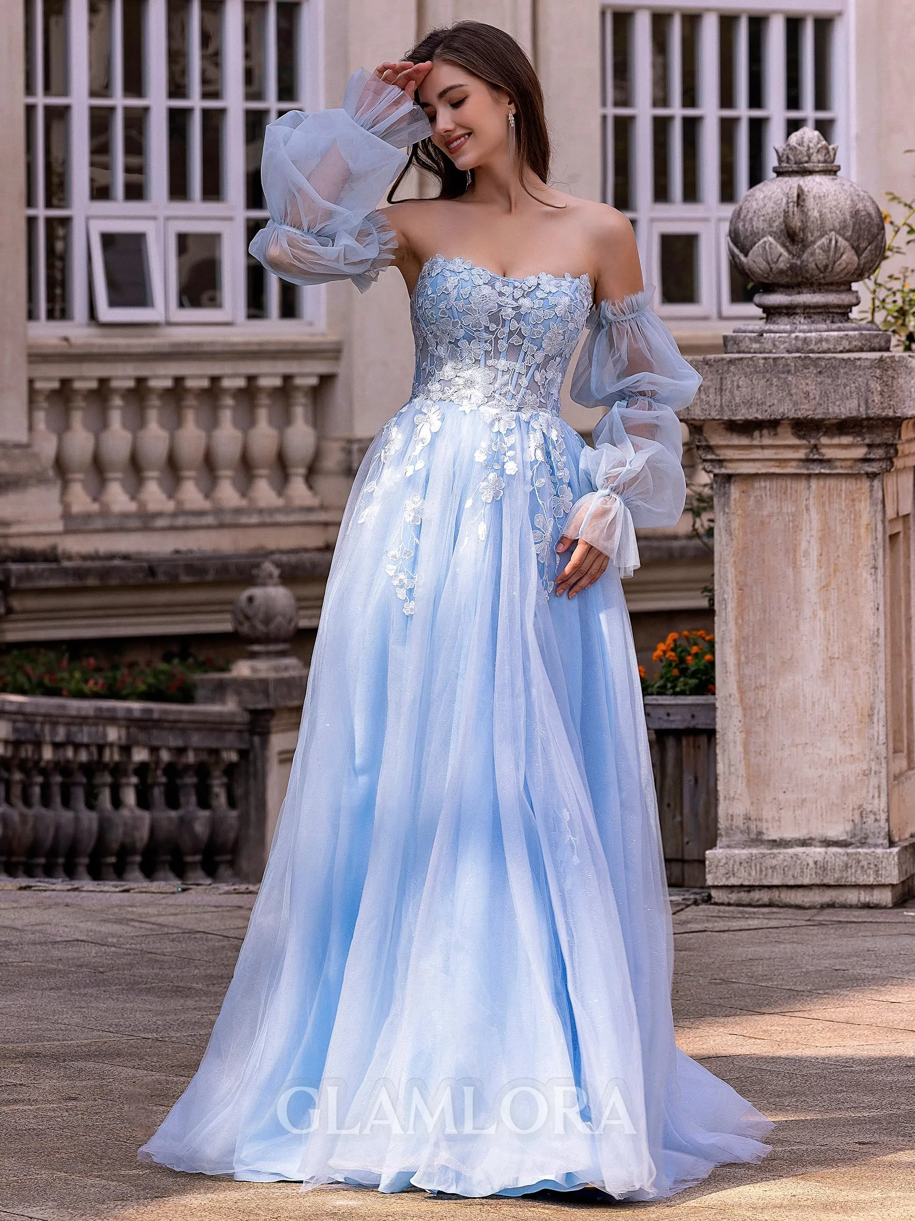 Chic A-line Straight Long Sleeves Appliques Lace Sweep Train Tulle Corset Convertible Prom Dress