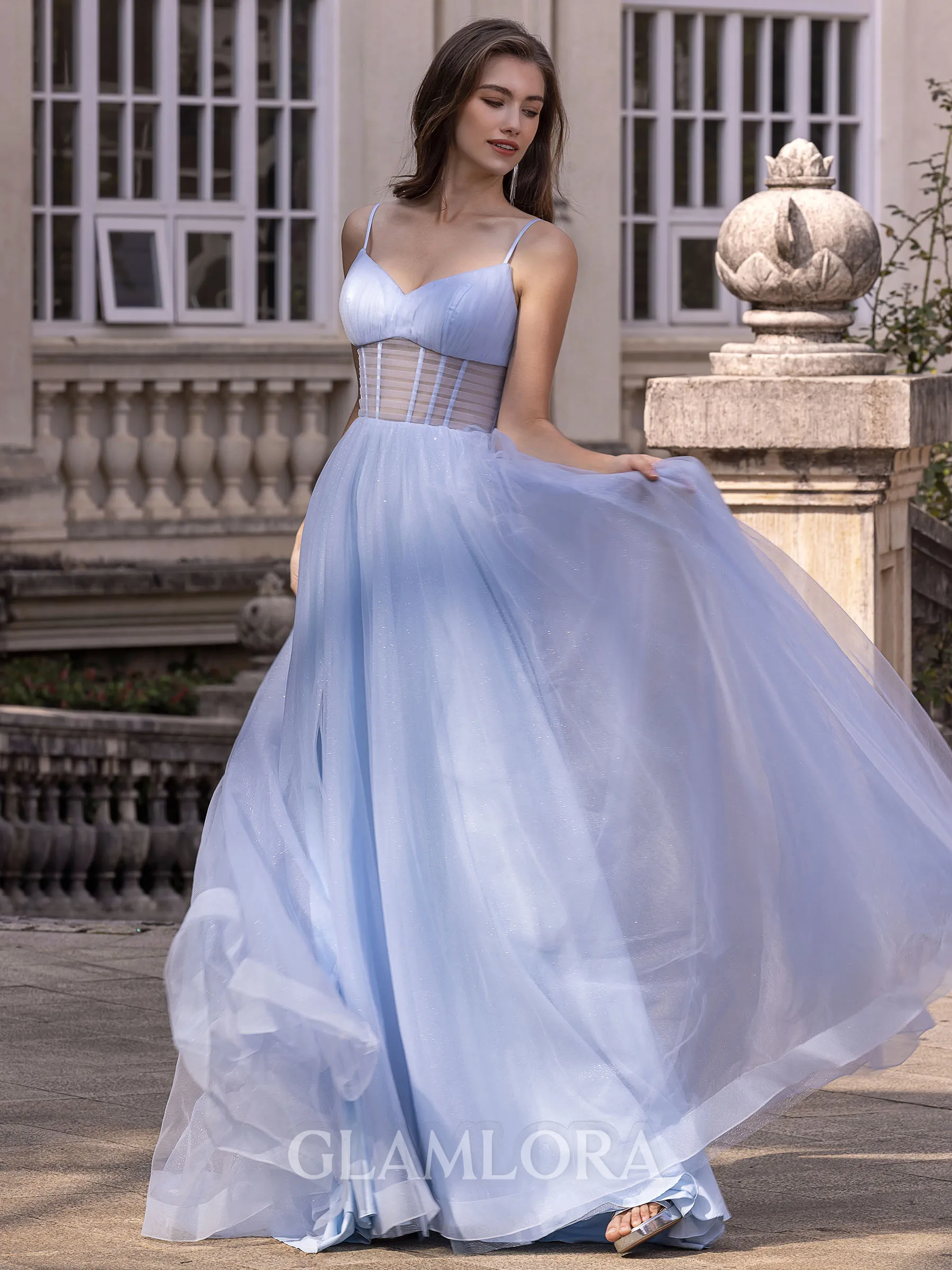 Impeccable A-line V-Neck Sweep Train Tulle Corset Prom Dress