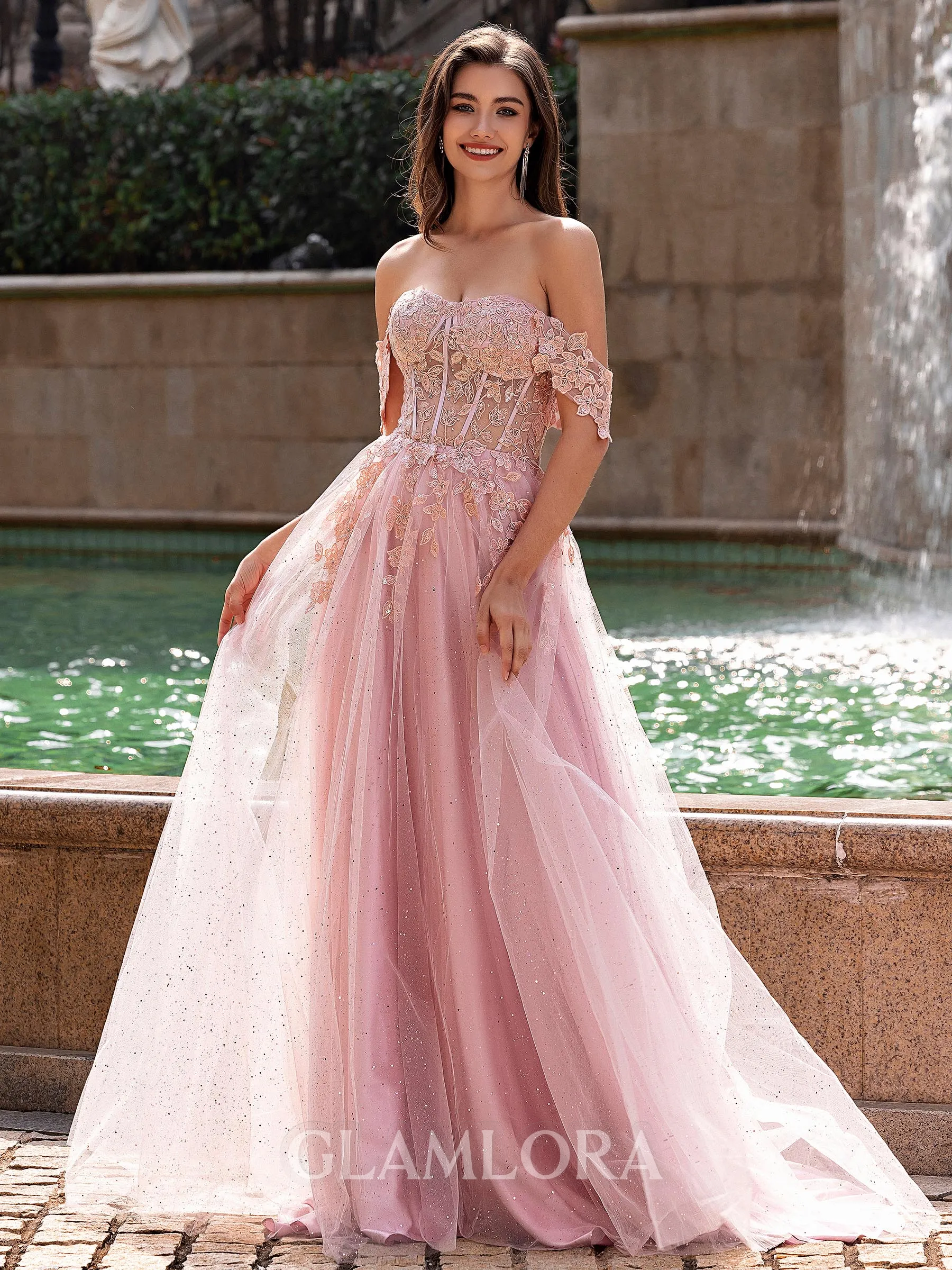 Graceful A-line Off-the-Shoulder Appliques Lace Sweep Train Corset Prom Dress