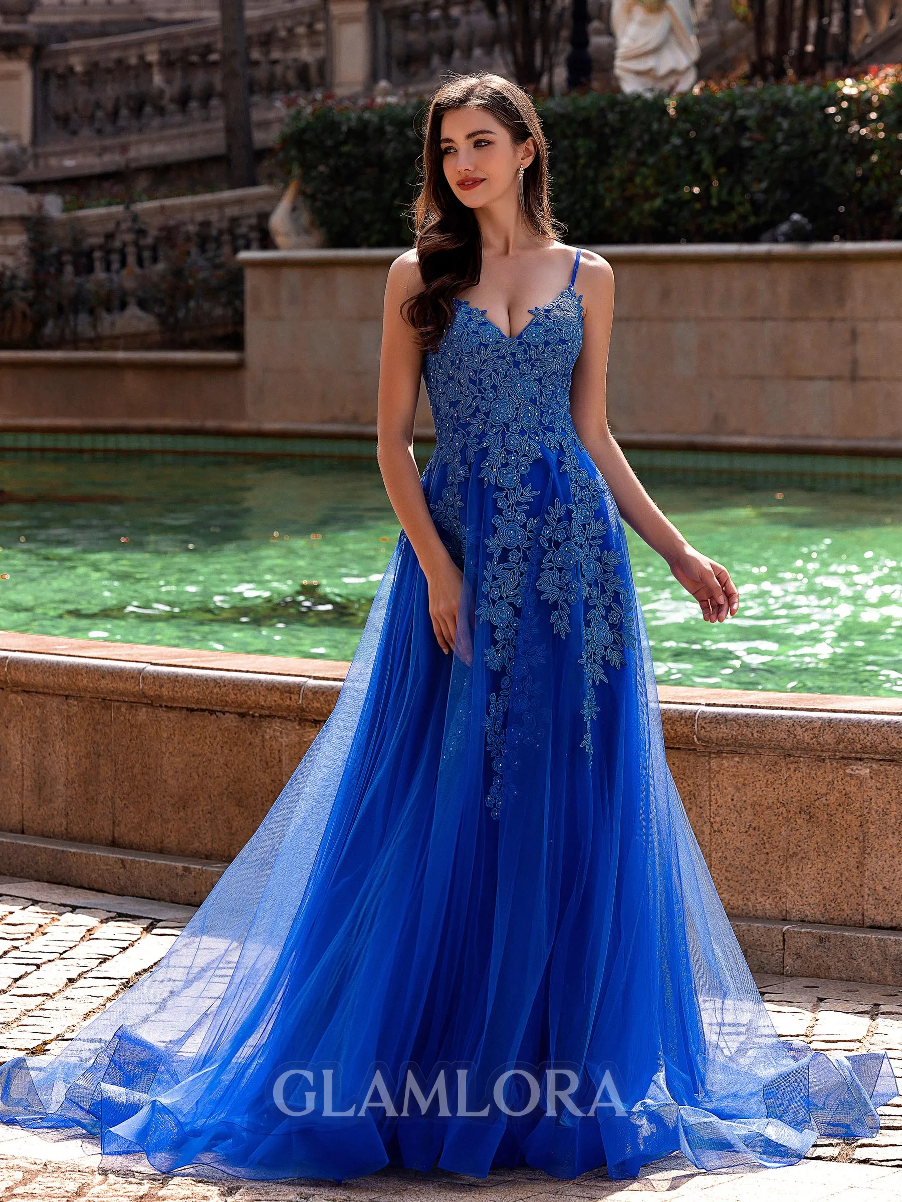 Stunning A-line V-Neck Appliques Lace Sweep Train Tulle Prom Dress