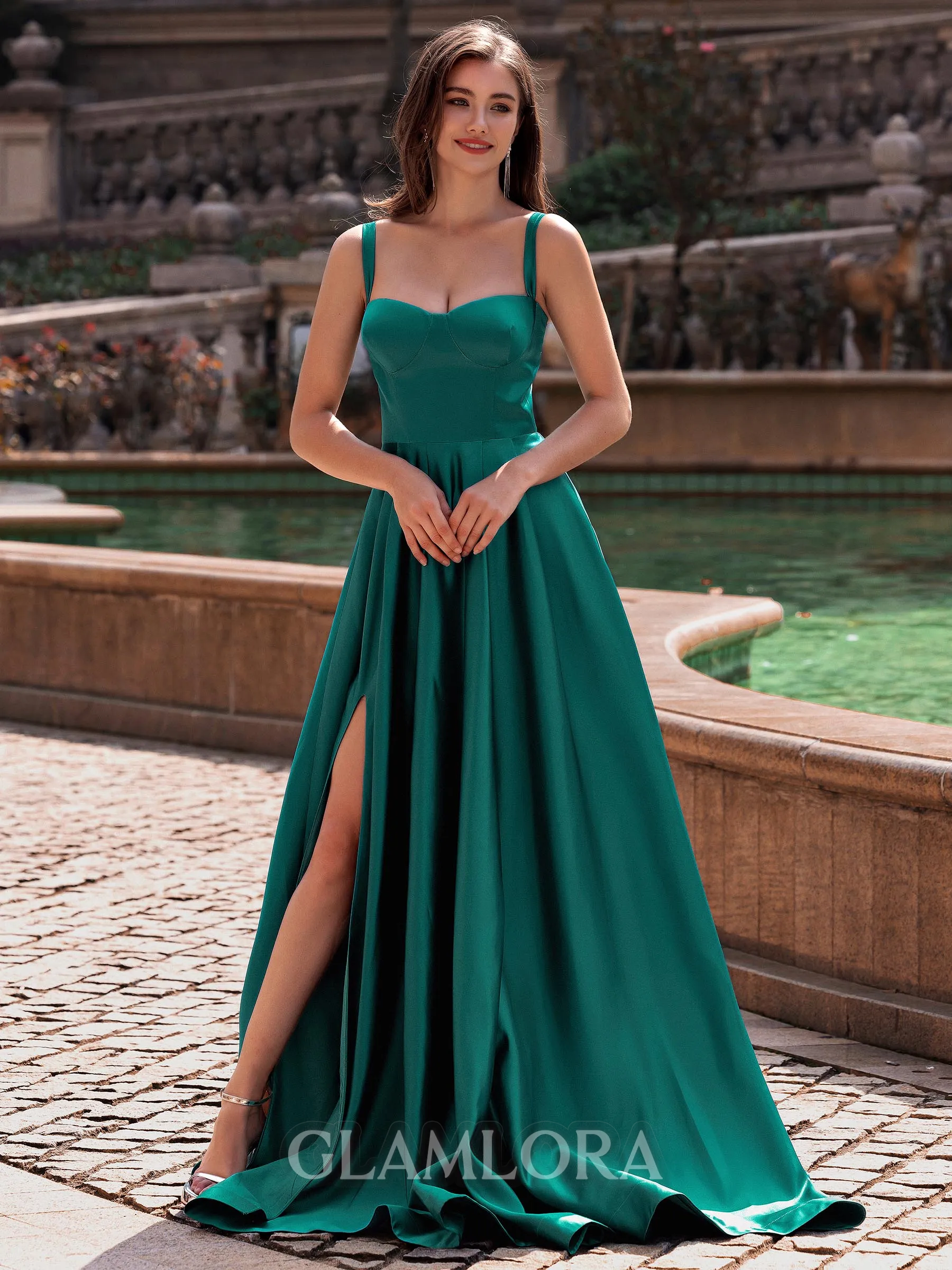Resplendent A-line Straps Floor-Length Satin Prom Dress