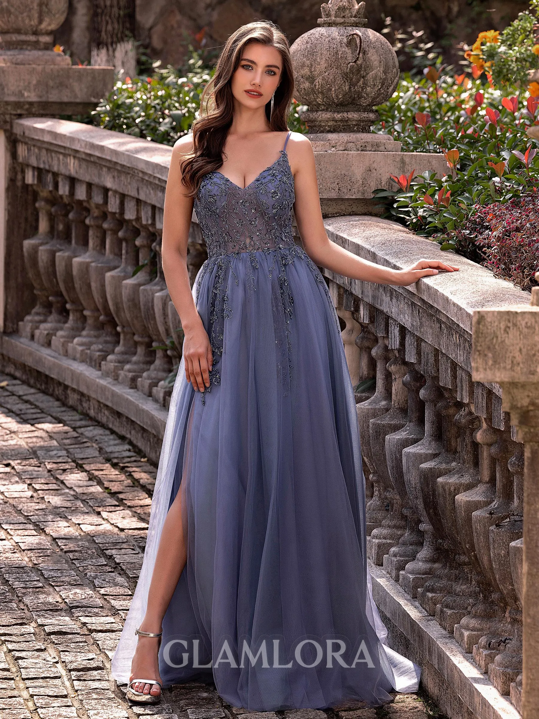 Polished A-line V-Neck Beading Sweep Train Tulle Prom Dress