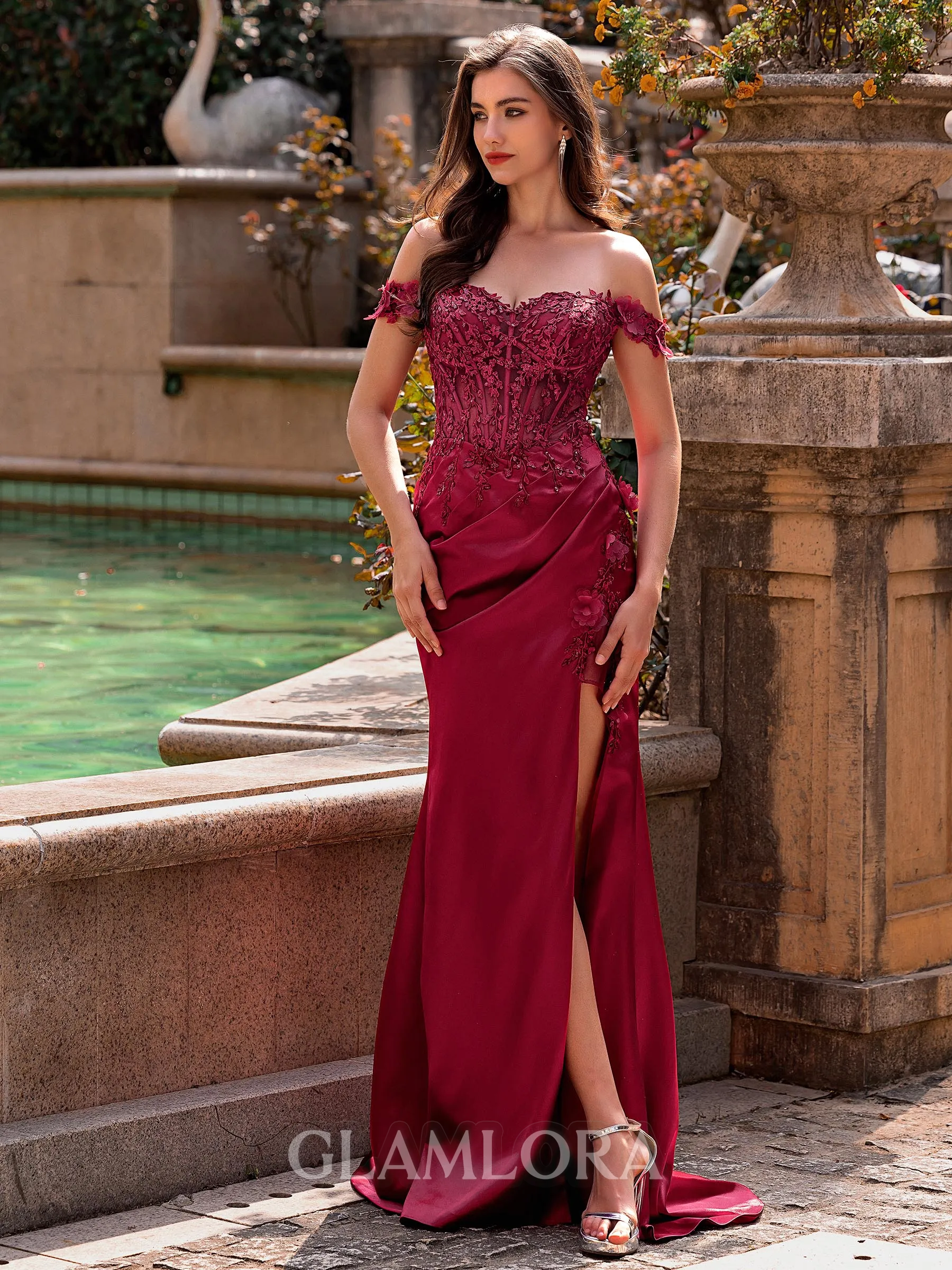 Refined Sheath Off-the-Shoulder Appliques Lace Sweep Train Silk like Satin Corset Prom Dress