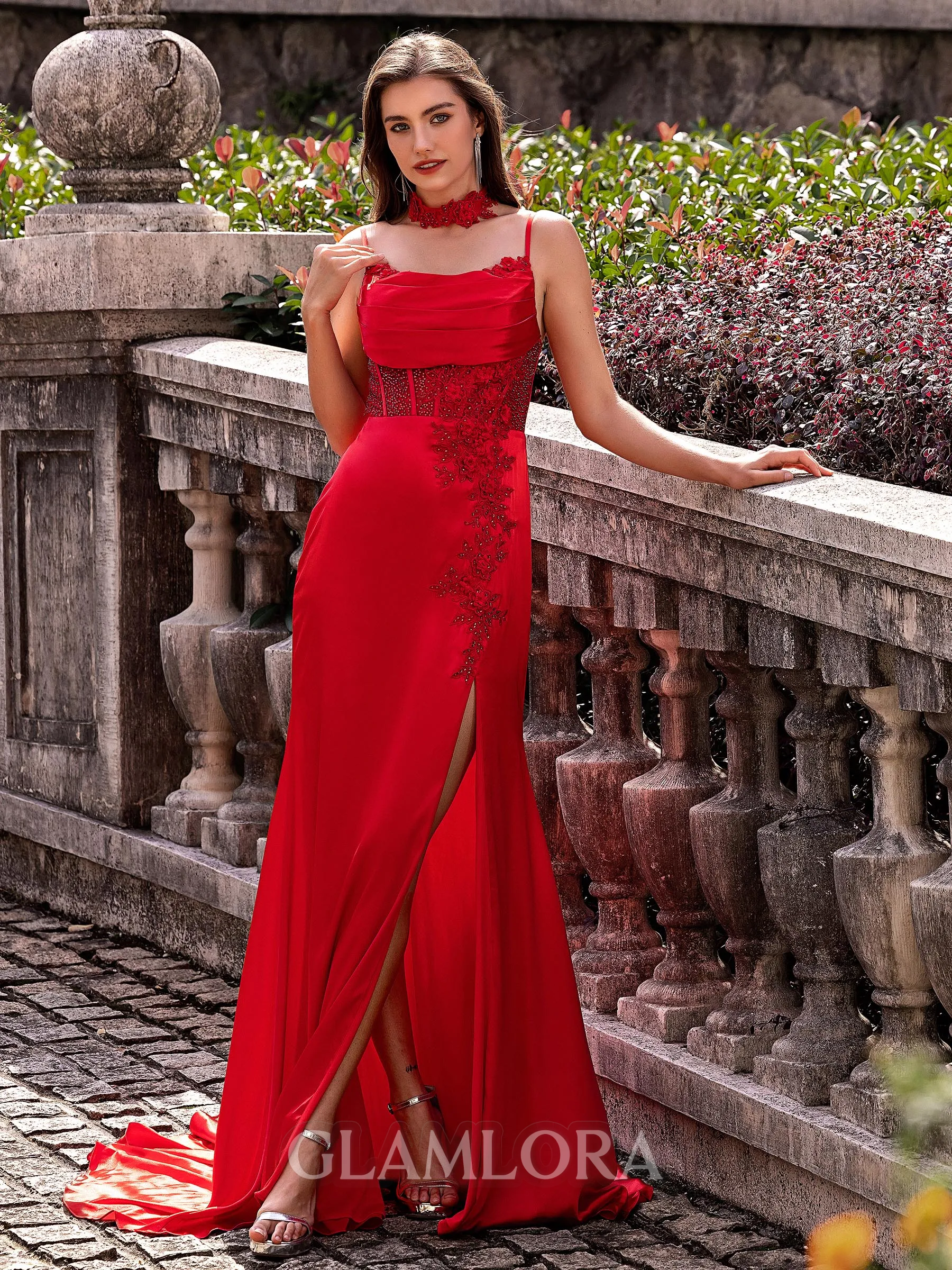 Impeccable Sheath Spaghetti Straps Appliques Lace Sweep Train Silk Like Satin Corset Prom Dress