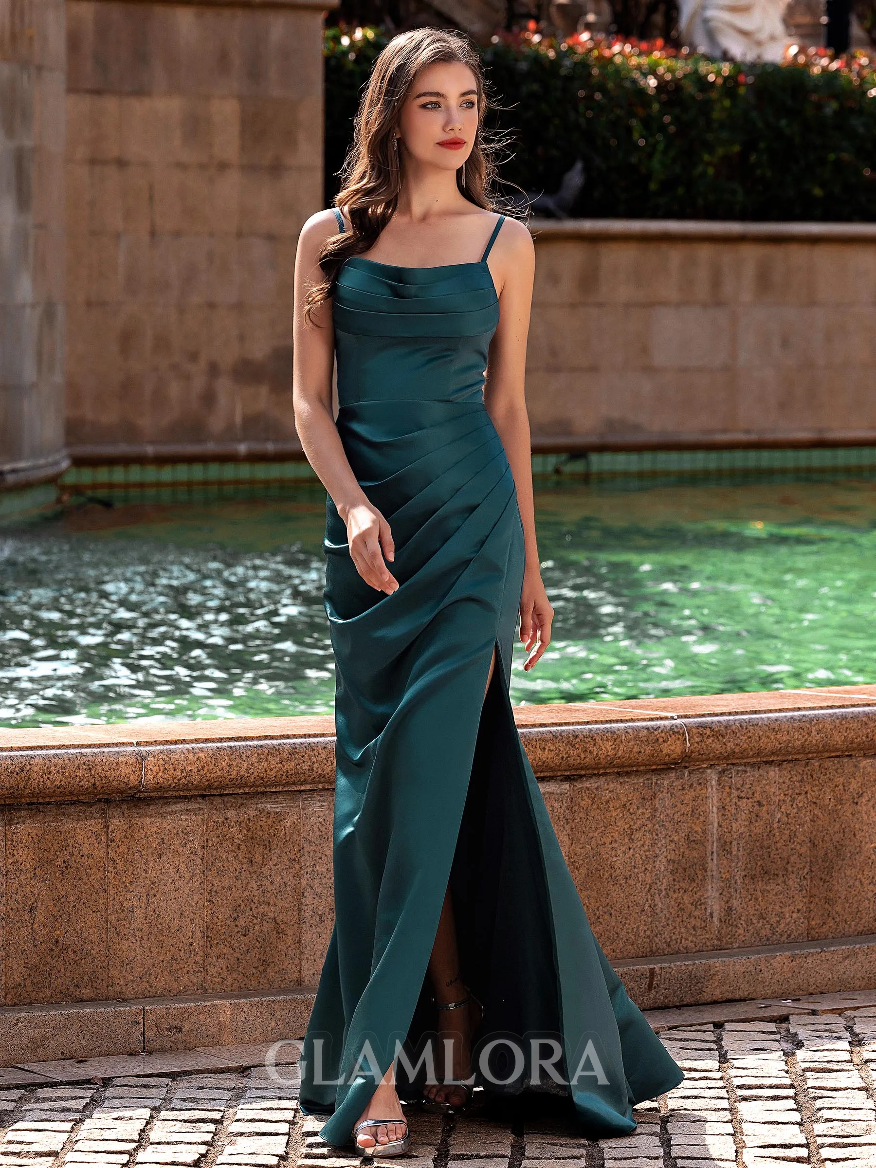 Rhythmic Sheath Spaghetti Straps Pleated Floor-Length Satin Prom Dress