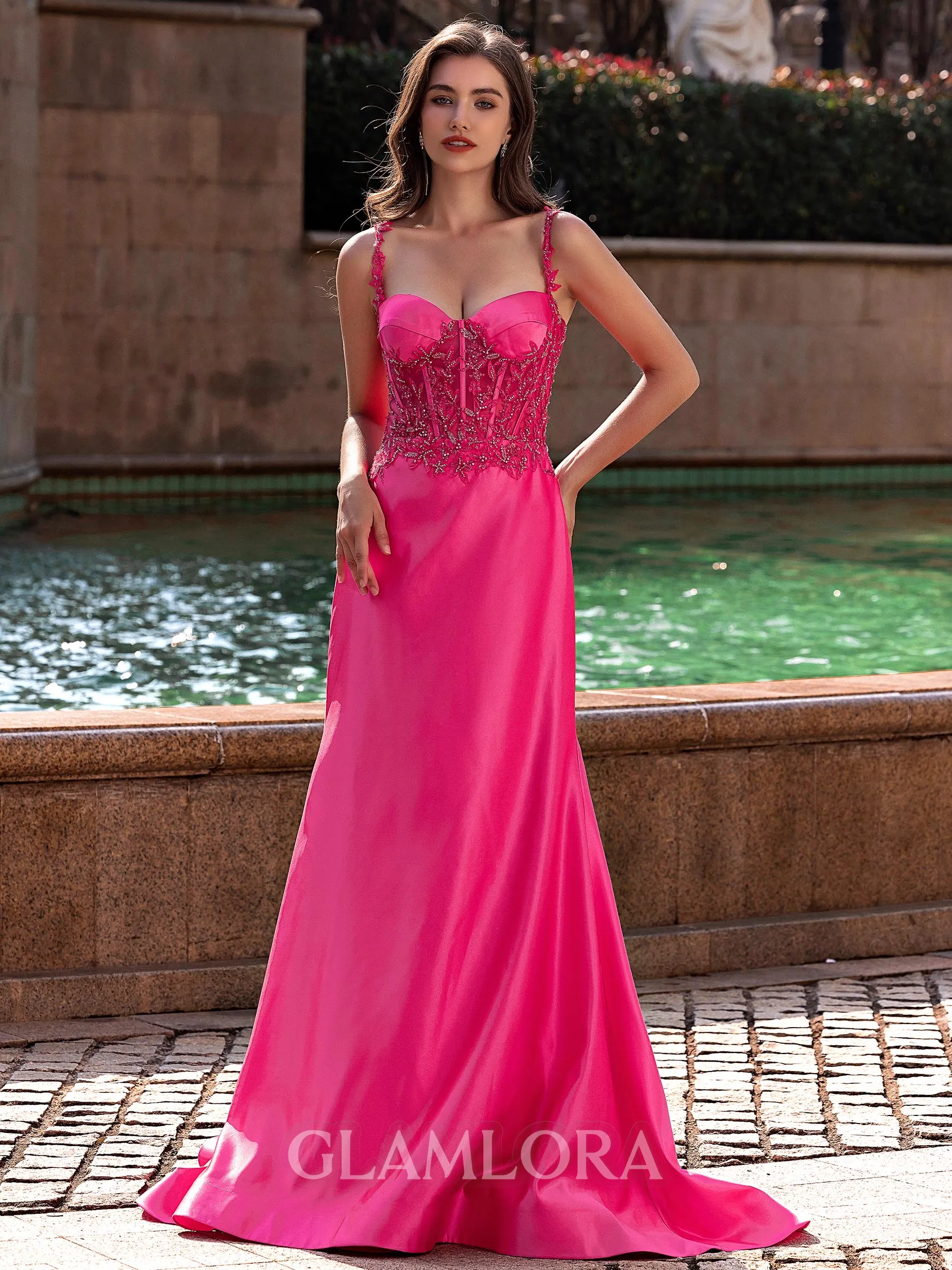 Resplendent Sheath Spaghetti Straps Appliques Lace Sweep Train Satin Corset Prom Dress