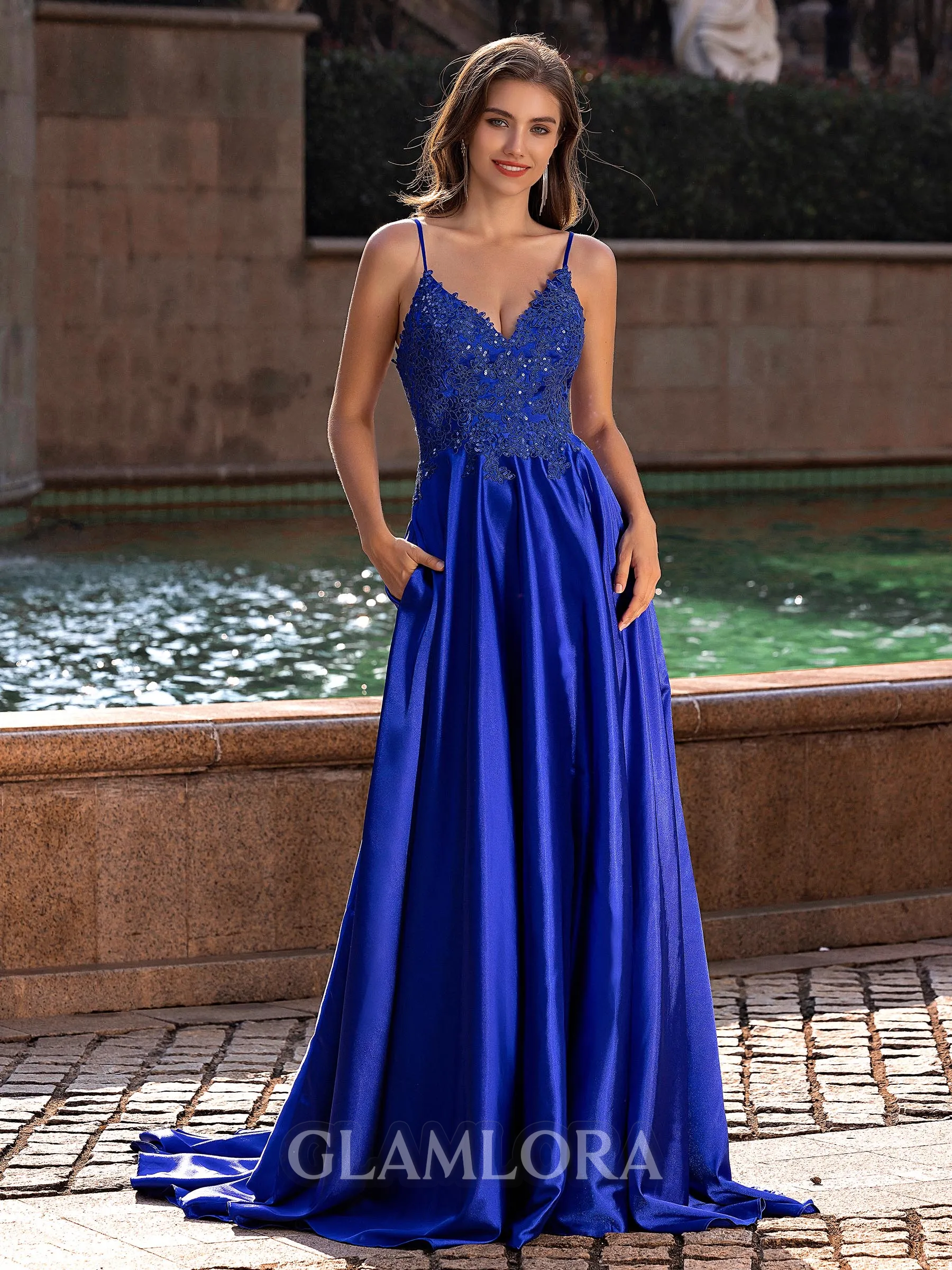 Gracious A-line V-Neck Appliques Lace Sweep Train Silk like Satin Prom Dress