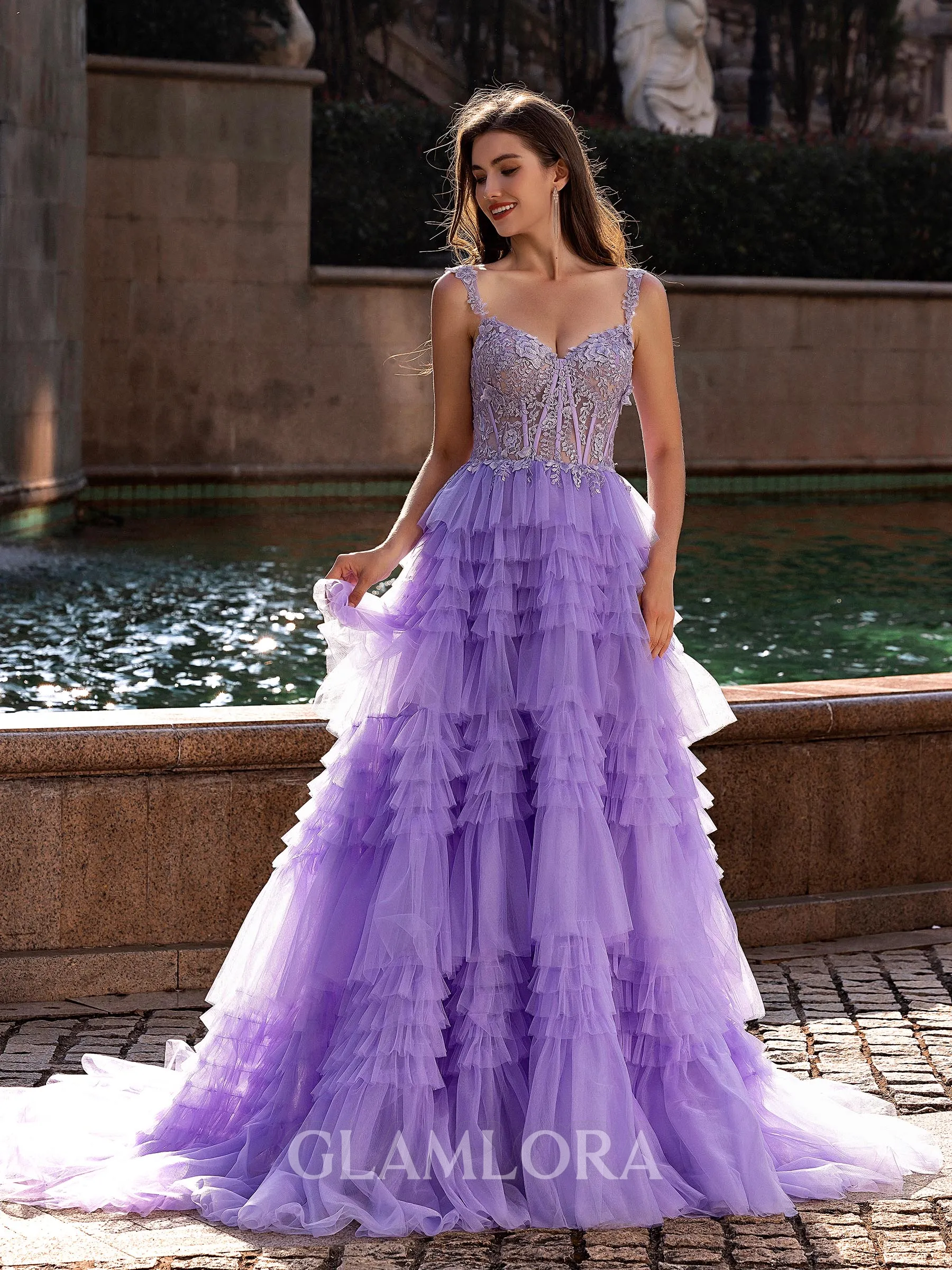 Elegant A-line V-Neck Appliques Lace Court Train Tulle Corset Prom Dress