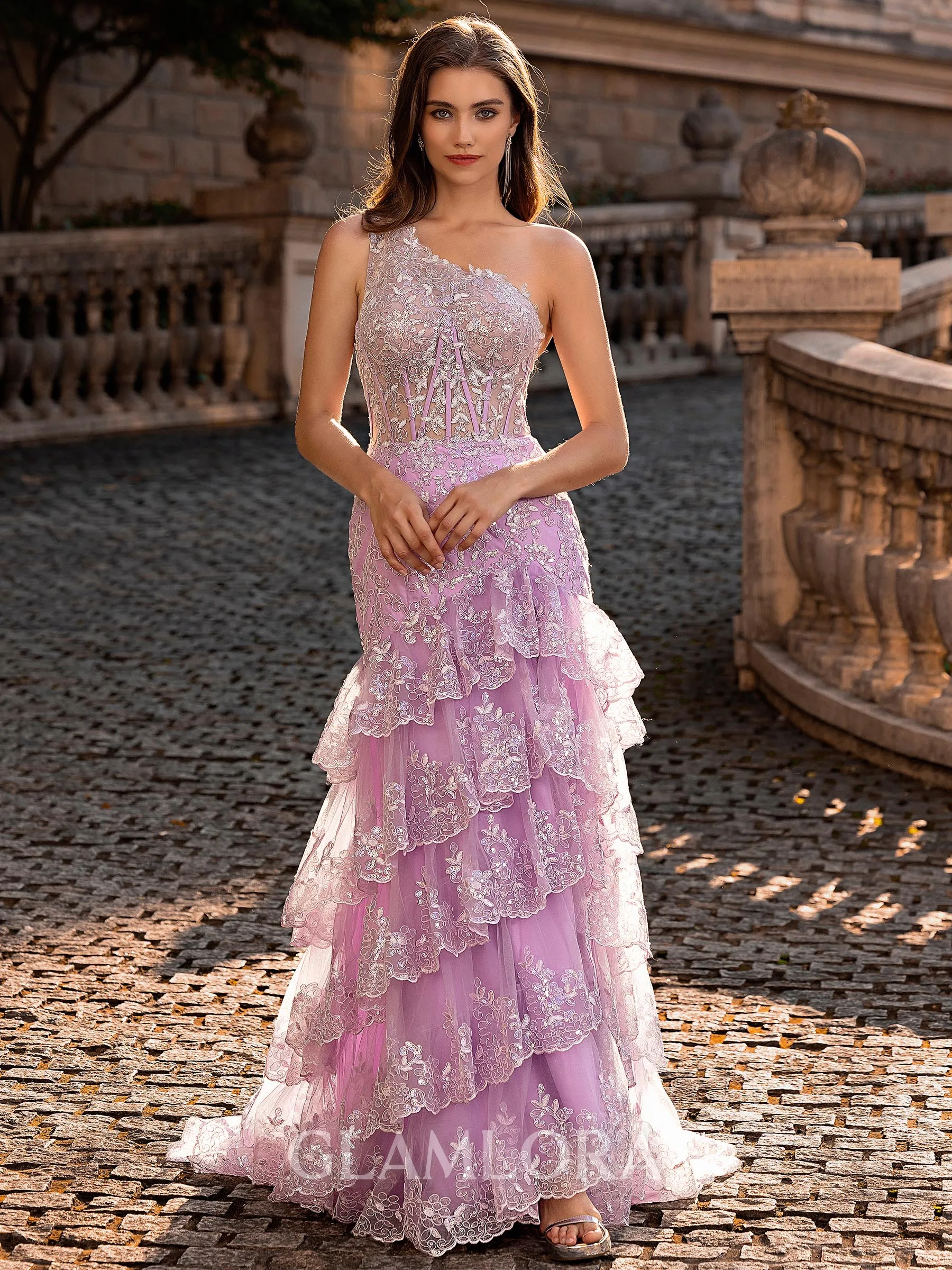 Glamorous Sheath One-Shoulder Appliques Lace Sweep Train Tulle Corset Prom Dress