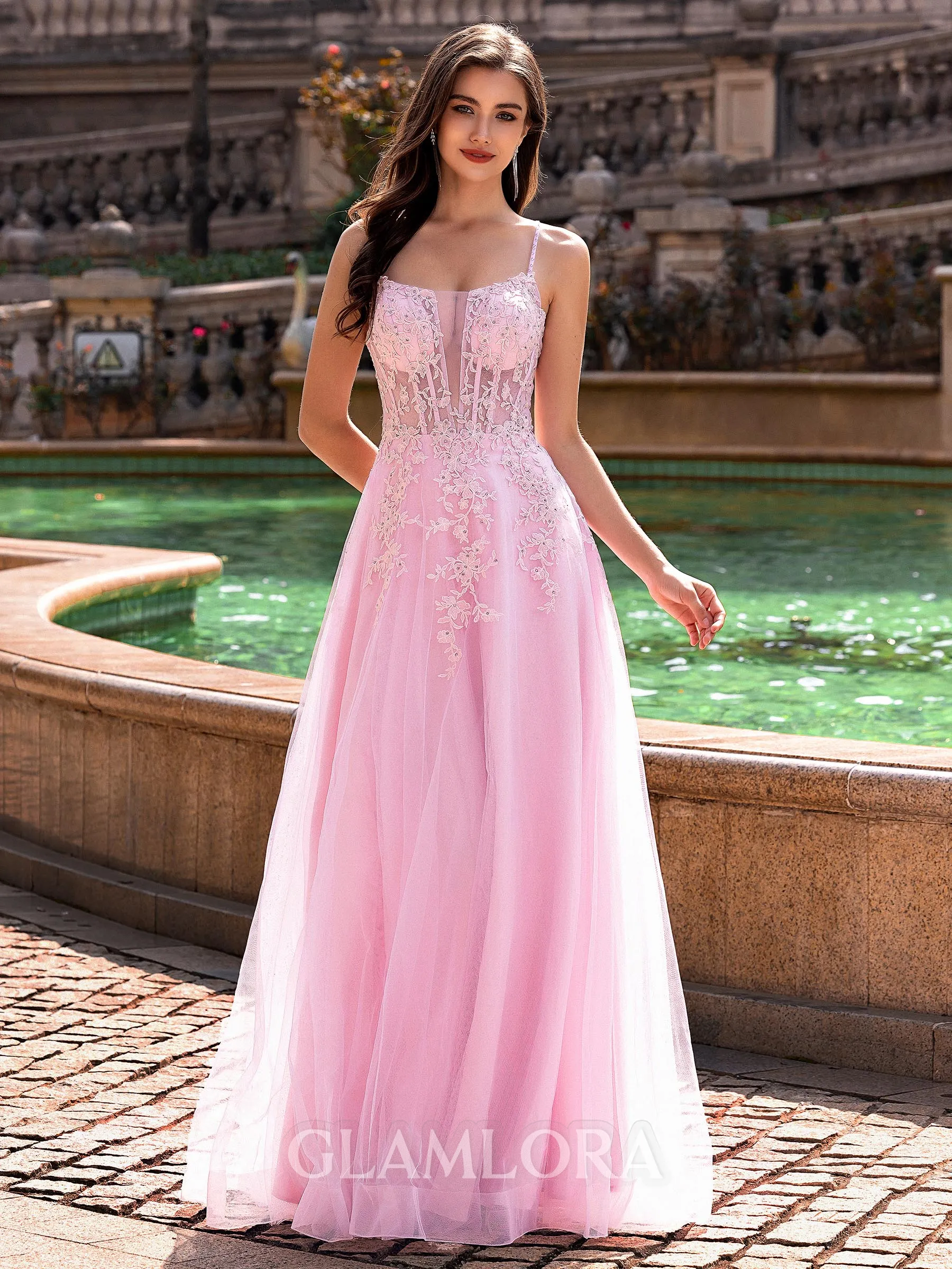 Tasteful A-line Spaghetti Straps Appliques Lace Floor-Length Tulle Corset Prom Dress